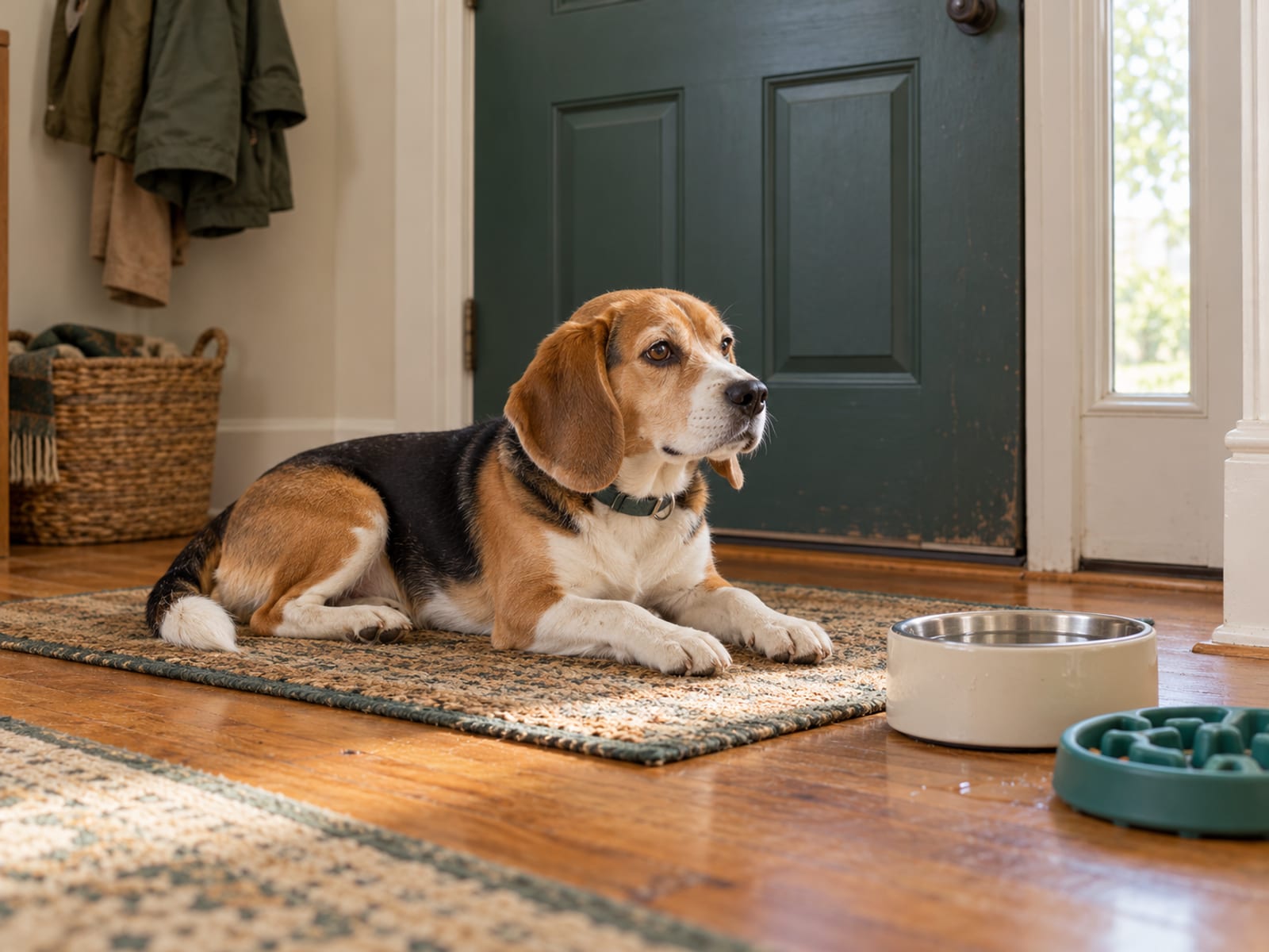 Beagle acostado sobre un tapete cerca de una puerta principal cerrada, en un pasillo ordenado, con un bebedero y un comedero de rompecabezas en el piso