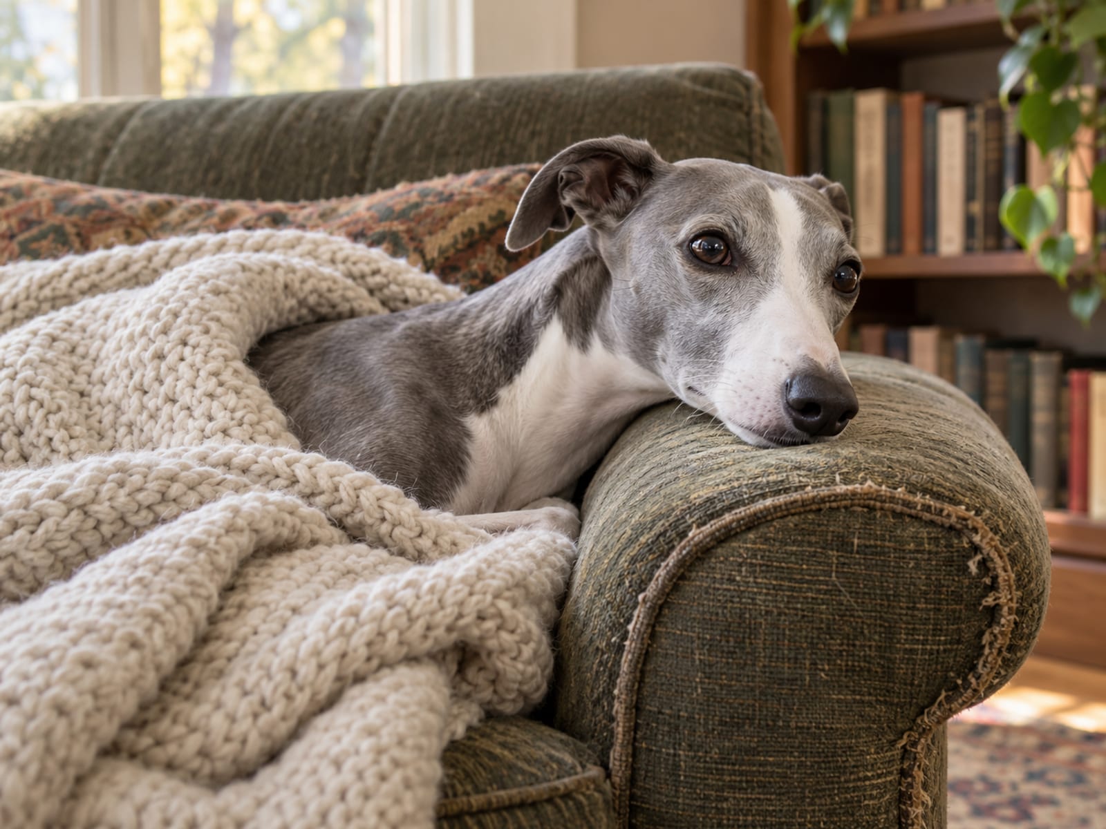 Whippet azul y blanco, esbelto, enroscado bajo una manta suave en un sillón de una sala tranquila, con solo la cabeza visible
