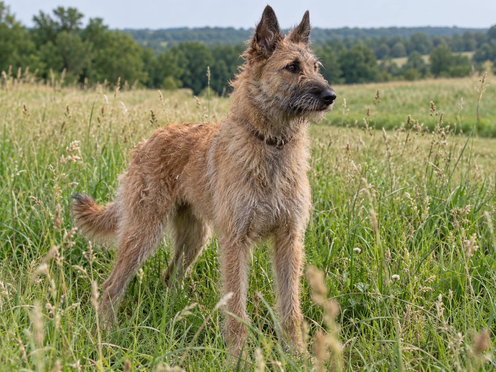 Belgian Laekenois color cervato con pelaje áspero, despeinado y duro, y orejas erguidas, de pie y alerta en un campo de pasto alto