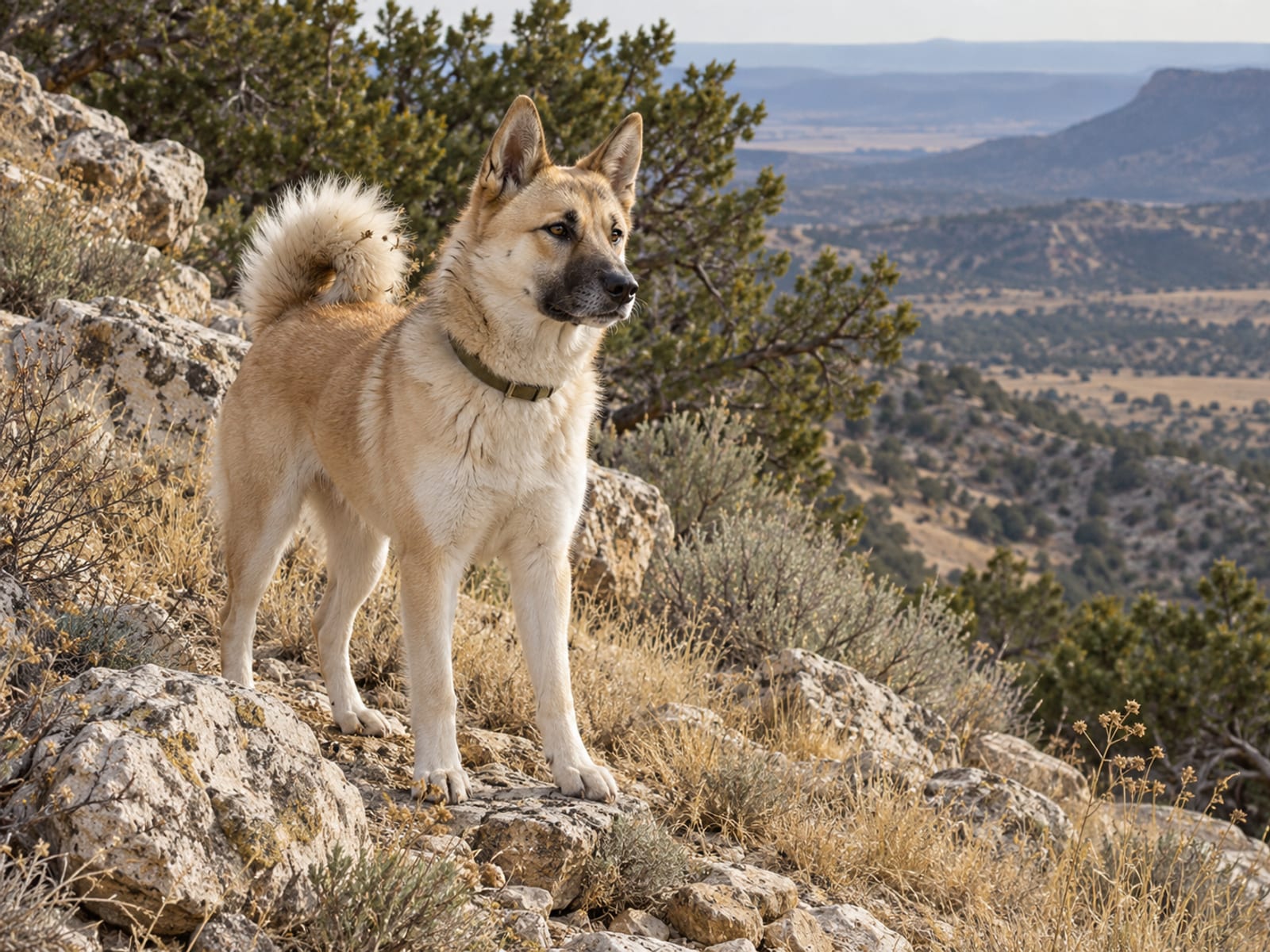 Canaan Dog color crema arenoso con orejas erguidas y cola enroscada y poblada, de pie y alerta sobre una ladera rocosa entre matorrales secos