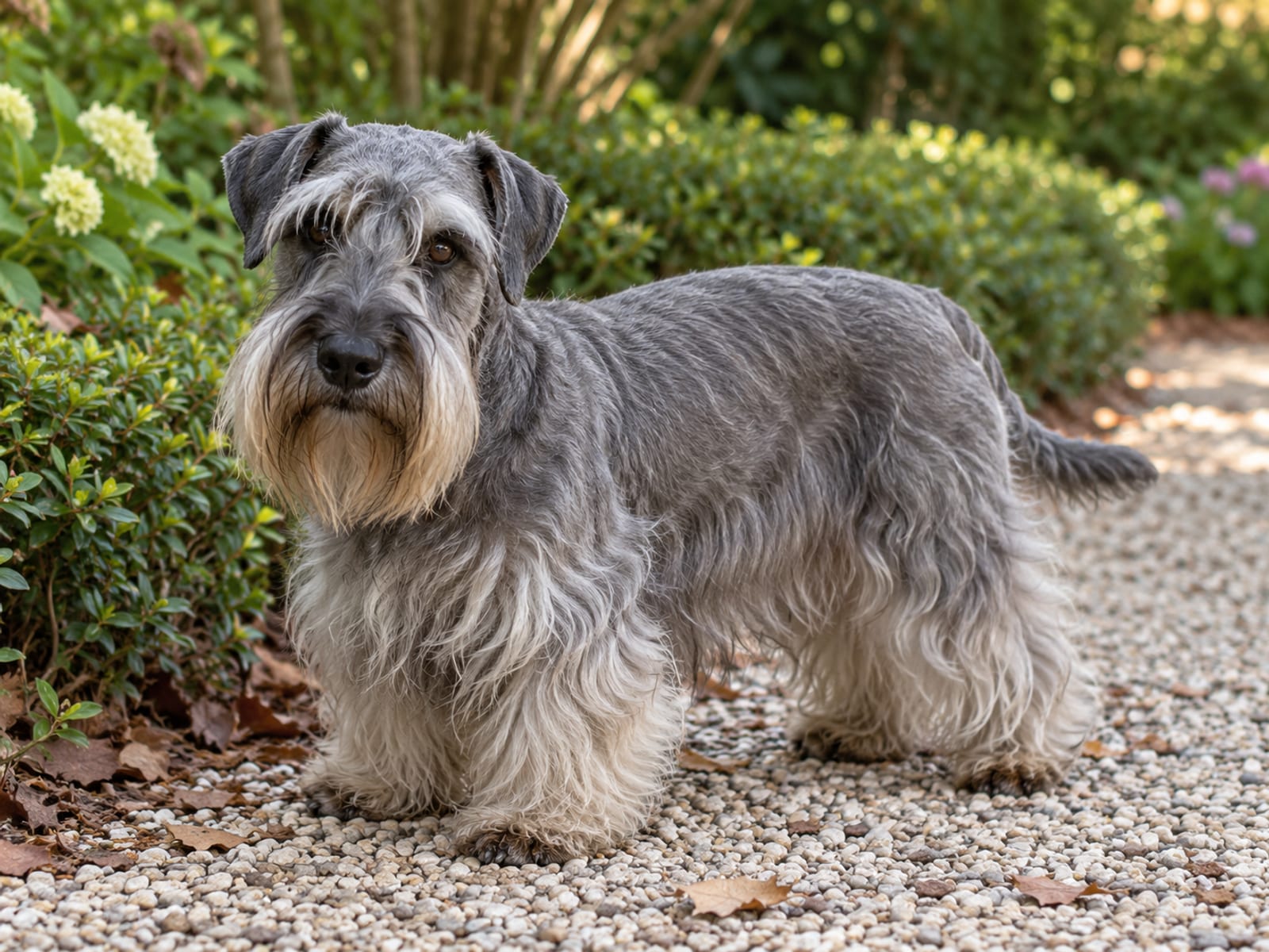 Cesky terrier gris azulado de pelaje ondulado, con barba larga y flecos en las patas, de pie en un sendero de jardín junto a arbustos bajos