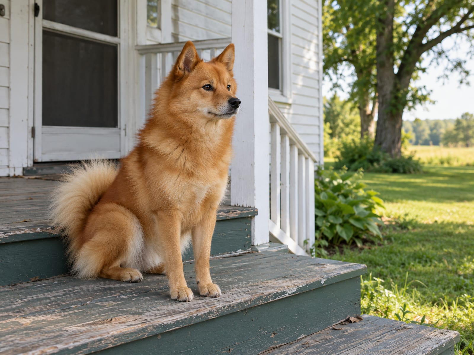 Finnish Spitz rojo dorado sentado en los escalones de madera desgastados de una casa de campo, con la cola enroscada sobre el lomo