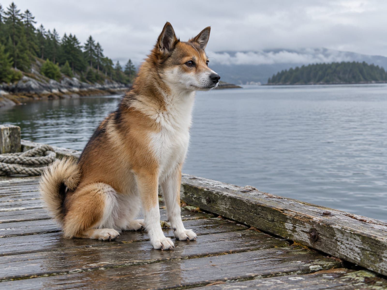 Norwegian Lundehund pequeño color cervato con marcas blancas, sentado en un muelle de madera junto a un mar gris y tranquilo, con las orejas levantadas