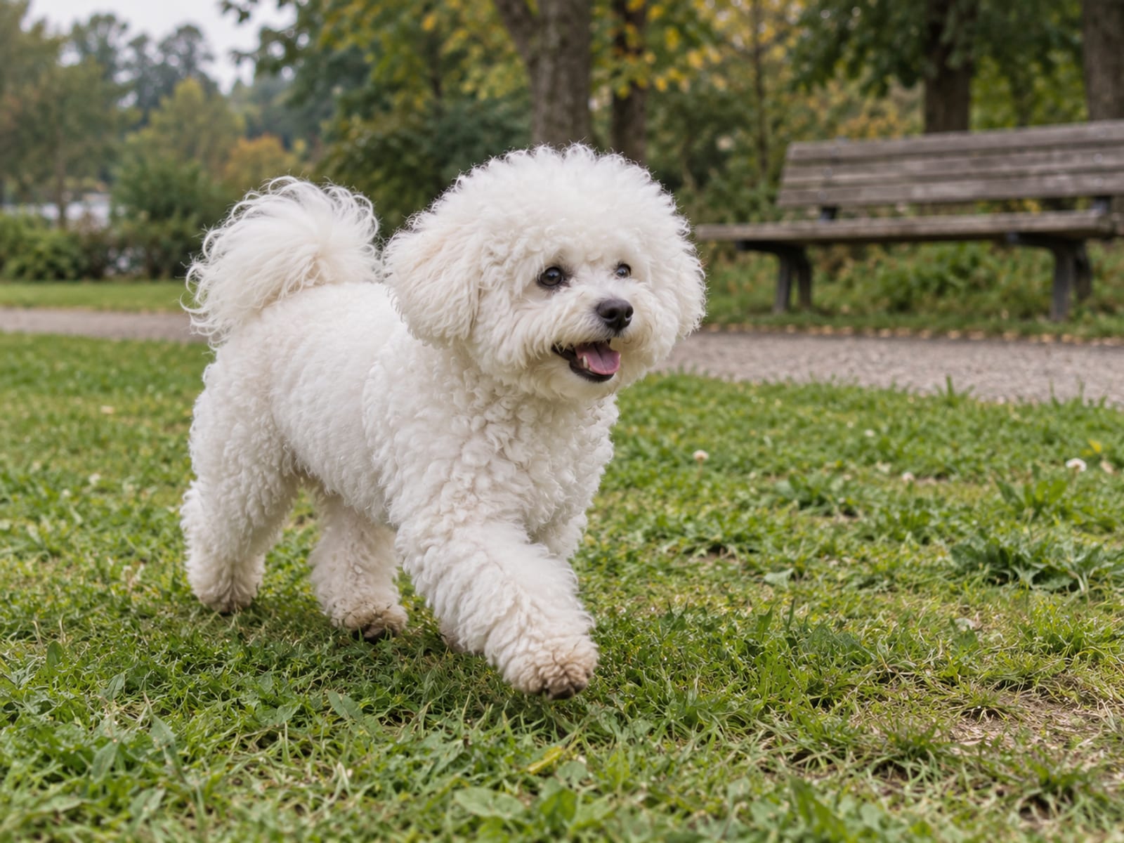 Bichón Frisé blanco con cabeza redondeada y arreglada, trotando sin correa por el césped de un parque verde de la ciudad
