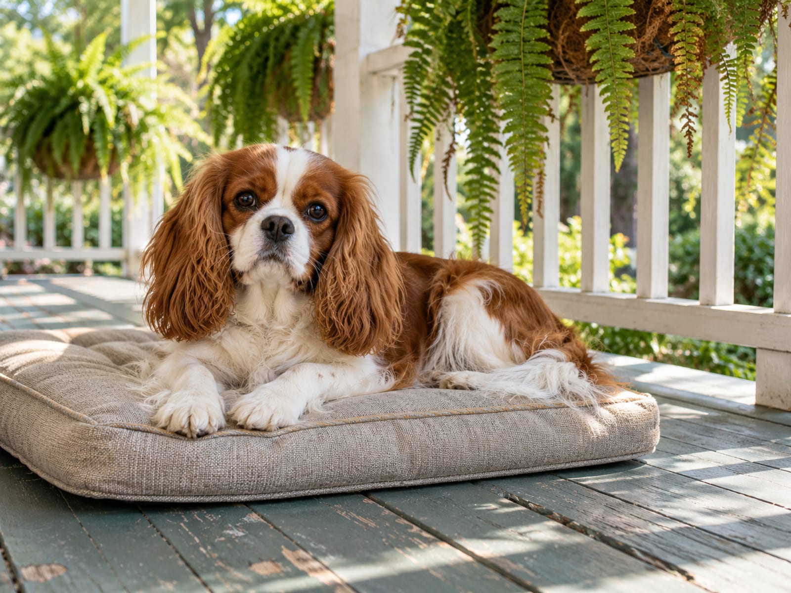 Cavalier King Charles spaniel color Blenheim, relajado y acostado sobre un cojín en un porche de madera de estilo sureño de Estados Unidos, con helechos alrededor