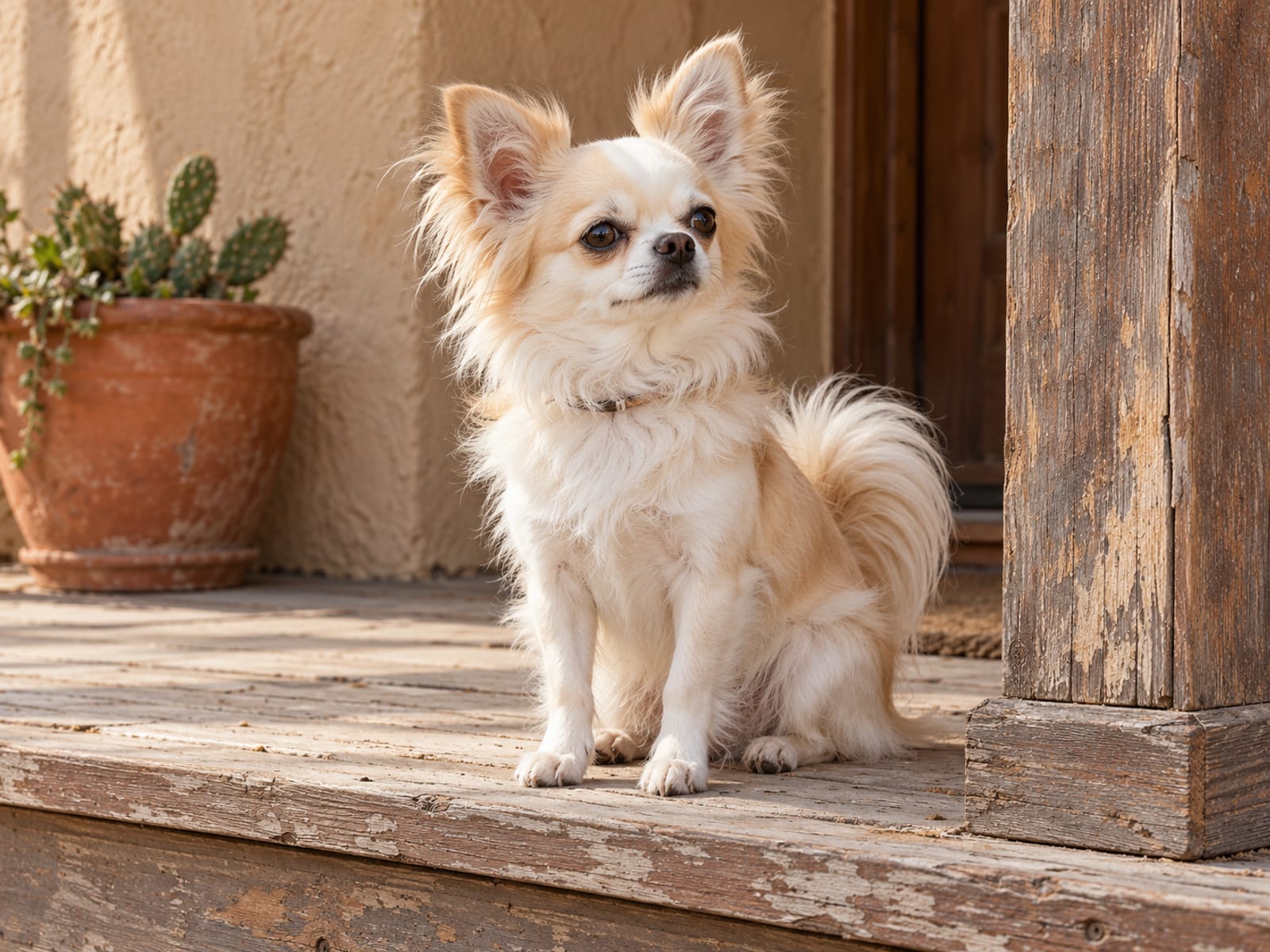 Chihuahua de pelo largo color crema y blanco, sentado erguido sobre el escalón de madera soleado de una casa de estuco del suroeste, con las orejas erguidas