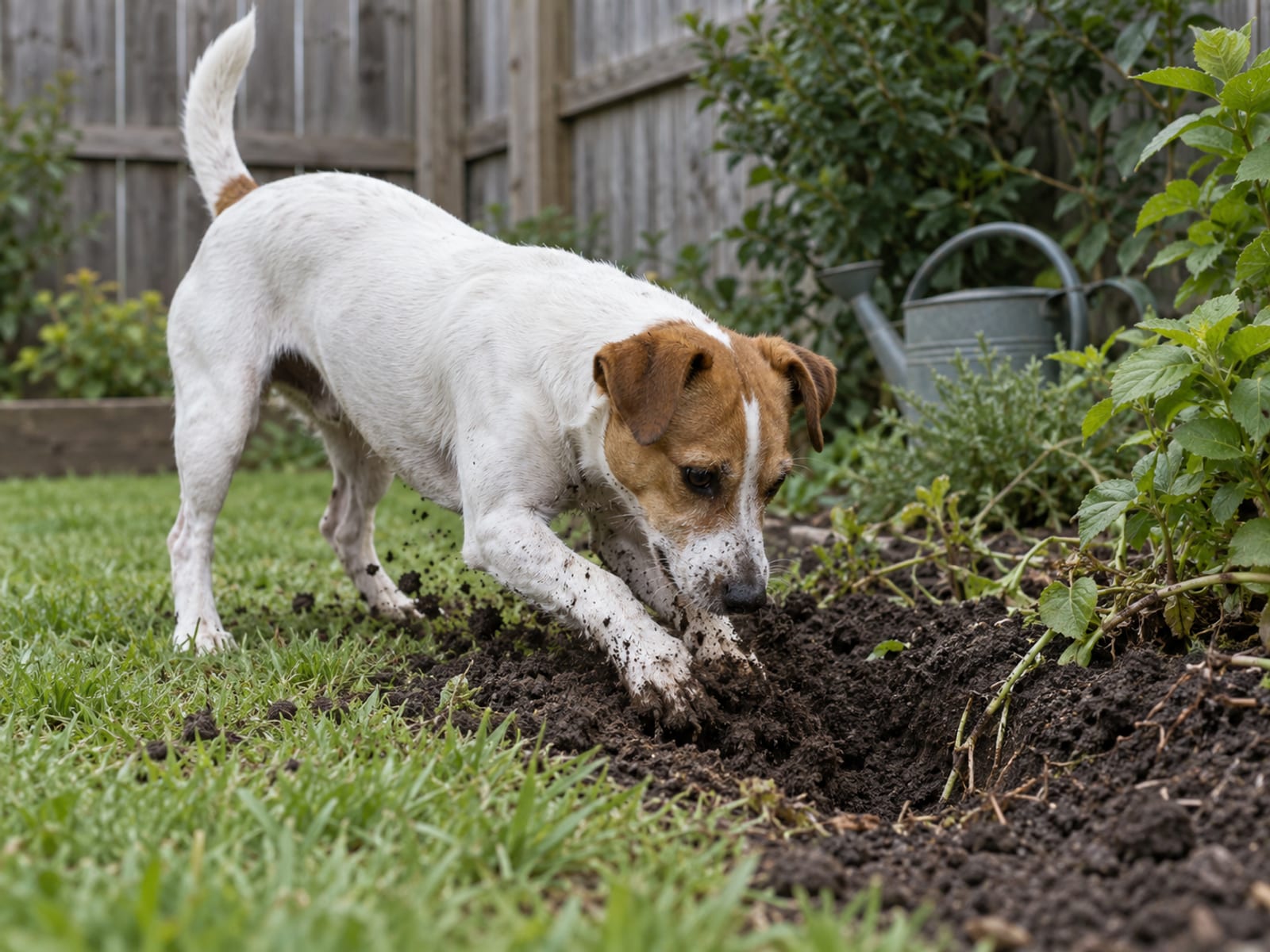 Jack Russell terrier blanco y leonado de pelo corto, cavando al borde de un macizo de jardín en un patio trasero cercado, con tierra en las patas