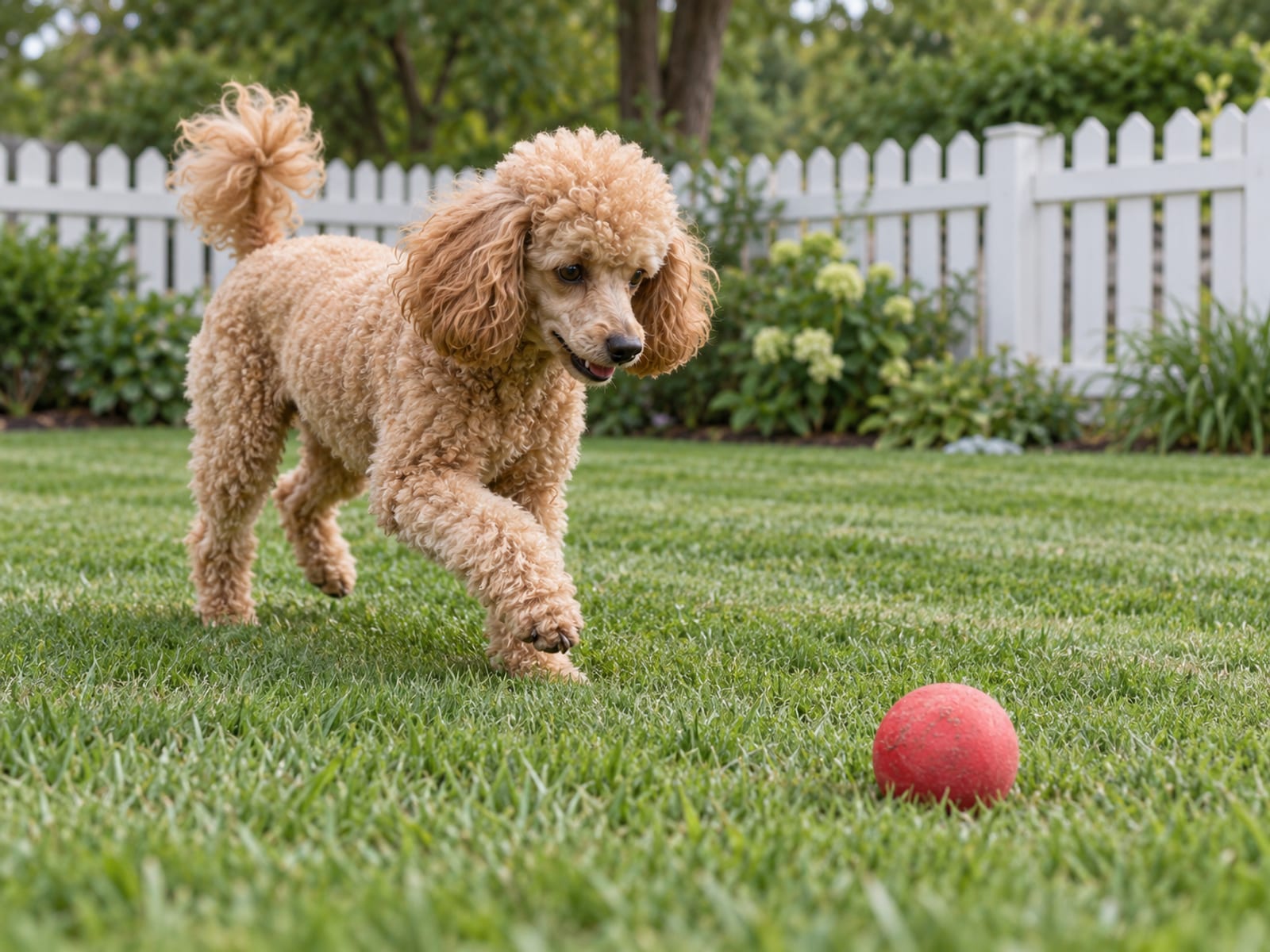 Caniche miniatura color albaricoque con corte natural prolijo, trotando por un césped cortado hacia una pelota de hule, con una cerca blanca de estacas detrás
