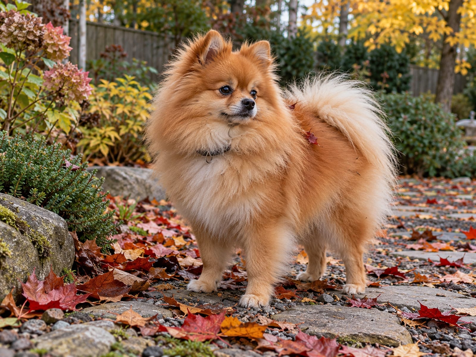 Pomeranian naranja con pelaje doble y espeso y cola plumosa sobre el lomo, de pie sobre un camino de jardín entre hojas de otoño