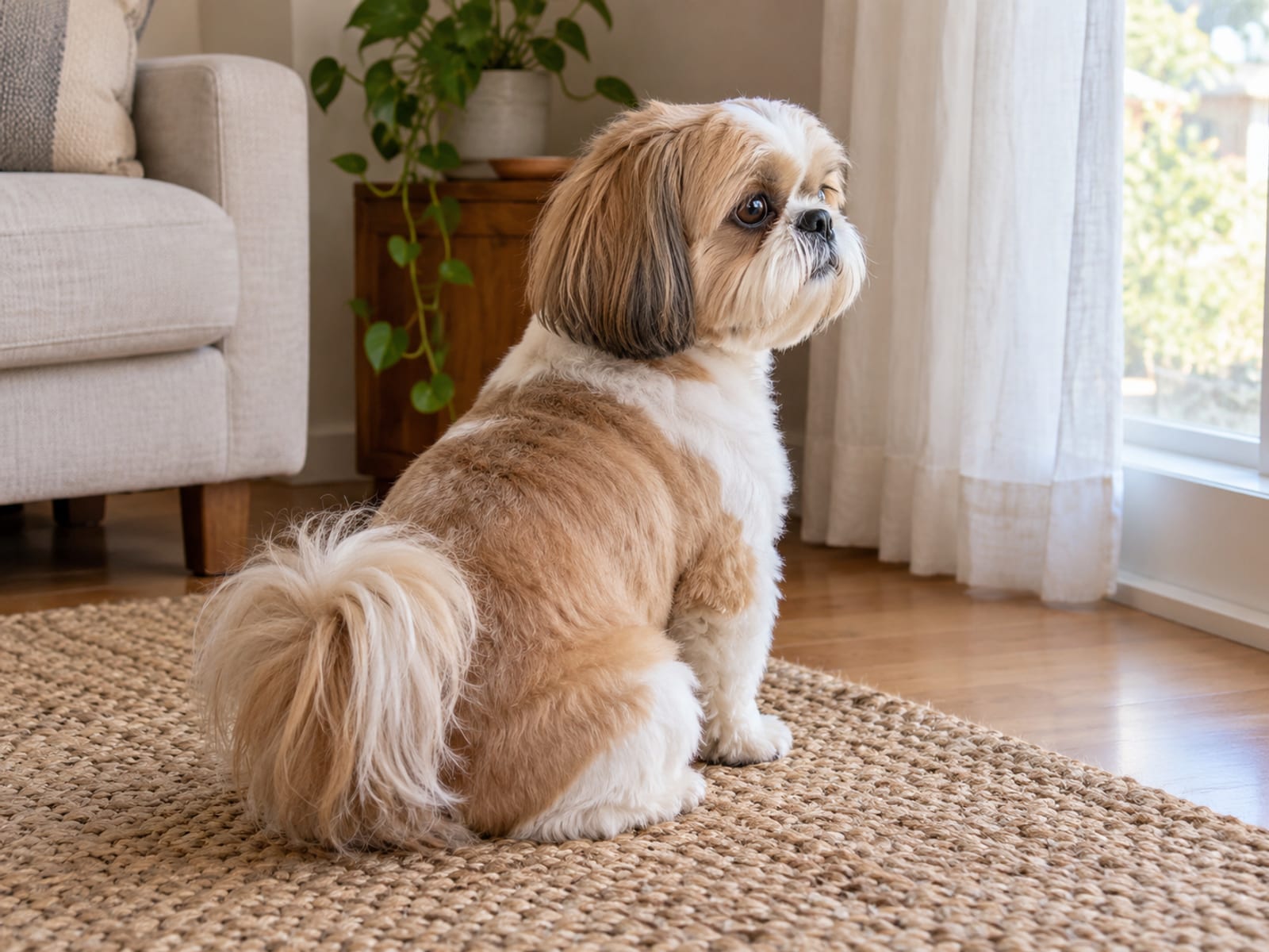 Shih Tzu dorado y blanco con corte corto de cachorro, sentado sobre una alfombra tejida en una sala de apartamento luminosa, mirando hacia la ventana