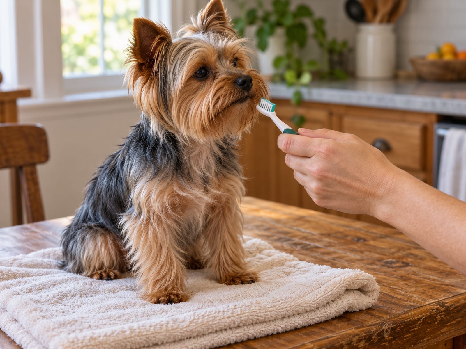 Yorkshire terrier tranquilo sentado sobre una toalla doblada en la mesa de la cocina, mientras una mano sostiene un cepillo de dientes pequeño para perros cerca de su hocico