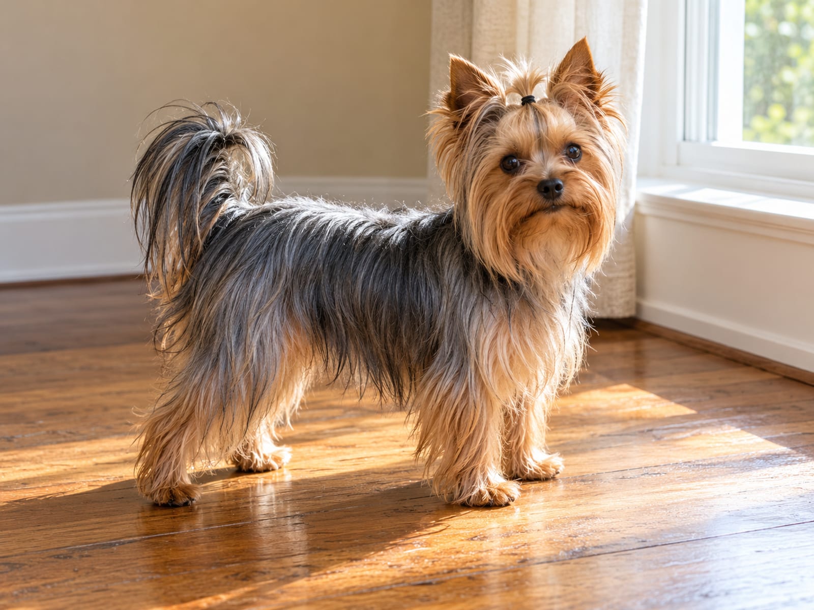 Yorkshire terrier de pelaje largo y sedoso color azul acero y fuego, con copete, de pie sobre un piso de madera junto a una ventana soleada