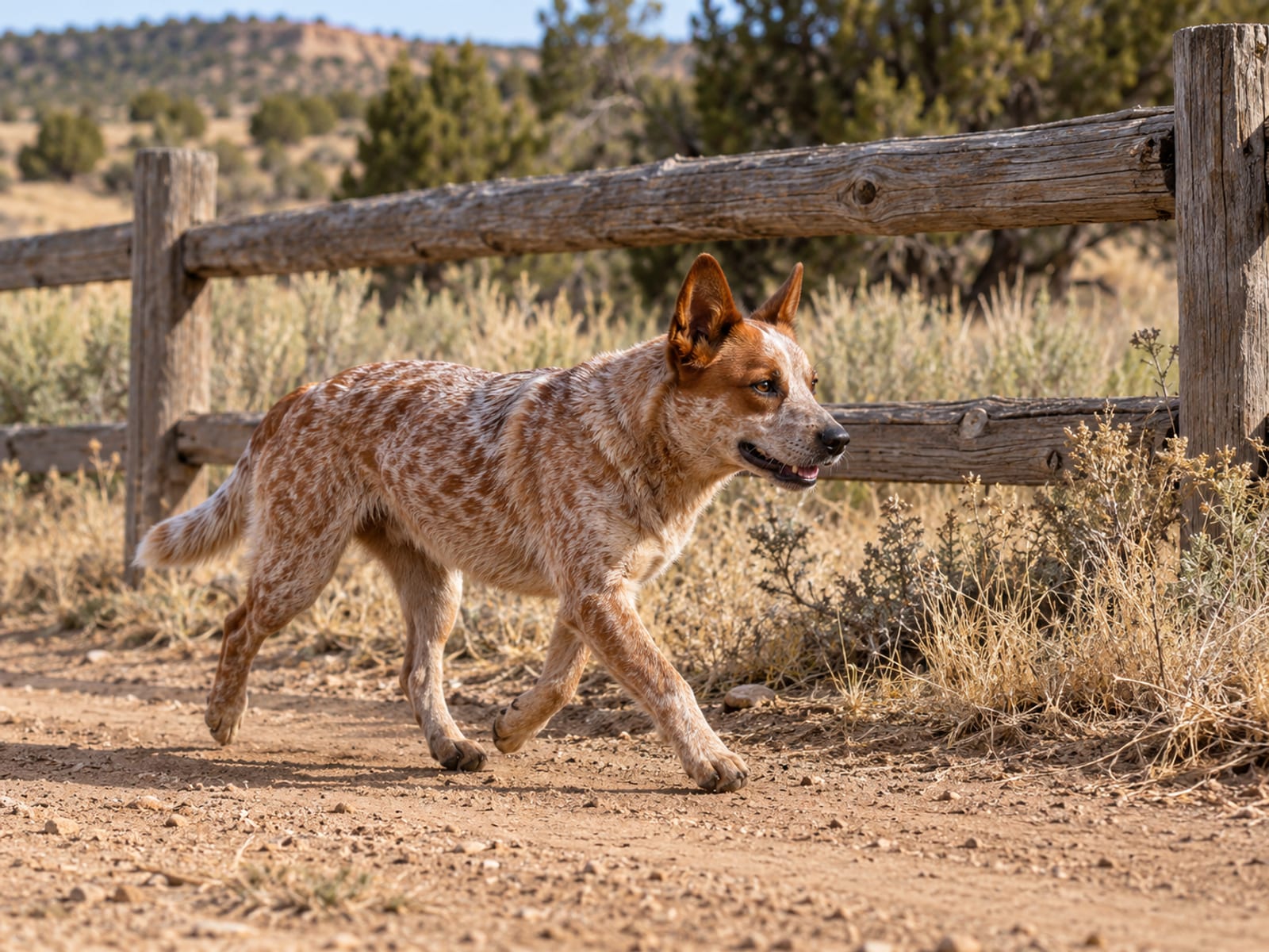 Australian Cattle Dog rojo moteado que trota por un camino de tierra de un rancho junto a una cerca de madera
