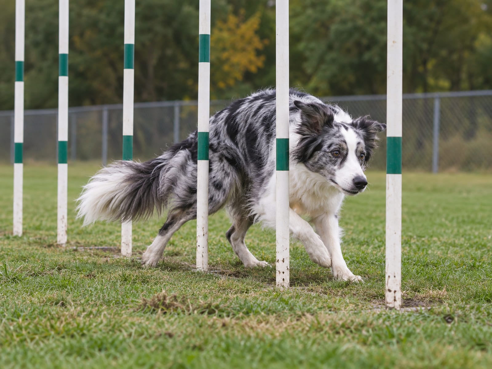 Border Collie azul merle que serpentea entre postes de agilidad en un campo de entrenamiento con hierba