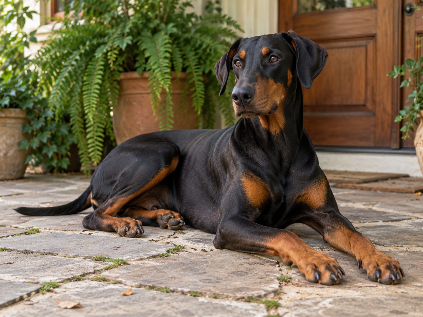 Doberman Pinscher negro y rojizo tendido en la posición de echado (down stay) sobre un patio, con la cabeza erguida