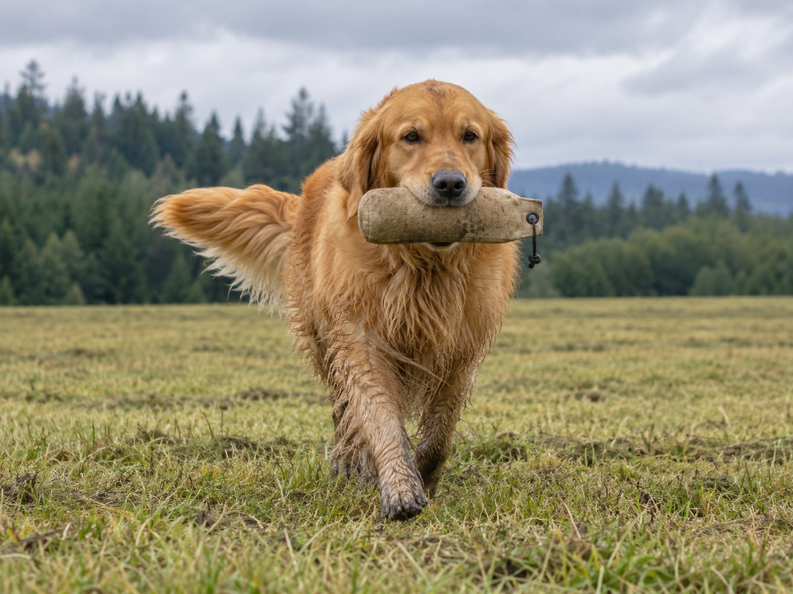 Golden retriever cargando un señuelo de entrenamiento de lona a través de un campo cortado, hacia la cámara