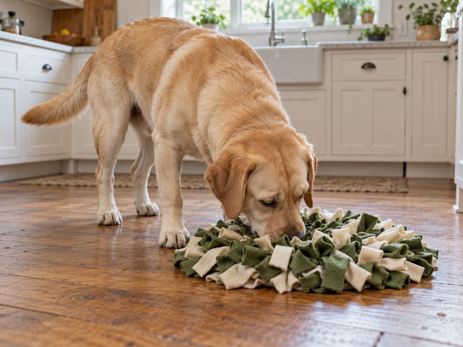 Labrador retriever amarillo olfateando una alfombra de olfato sobre un piso de madera en una cocina luminosa