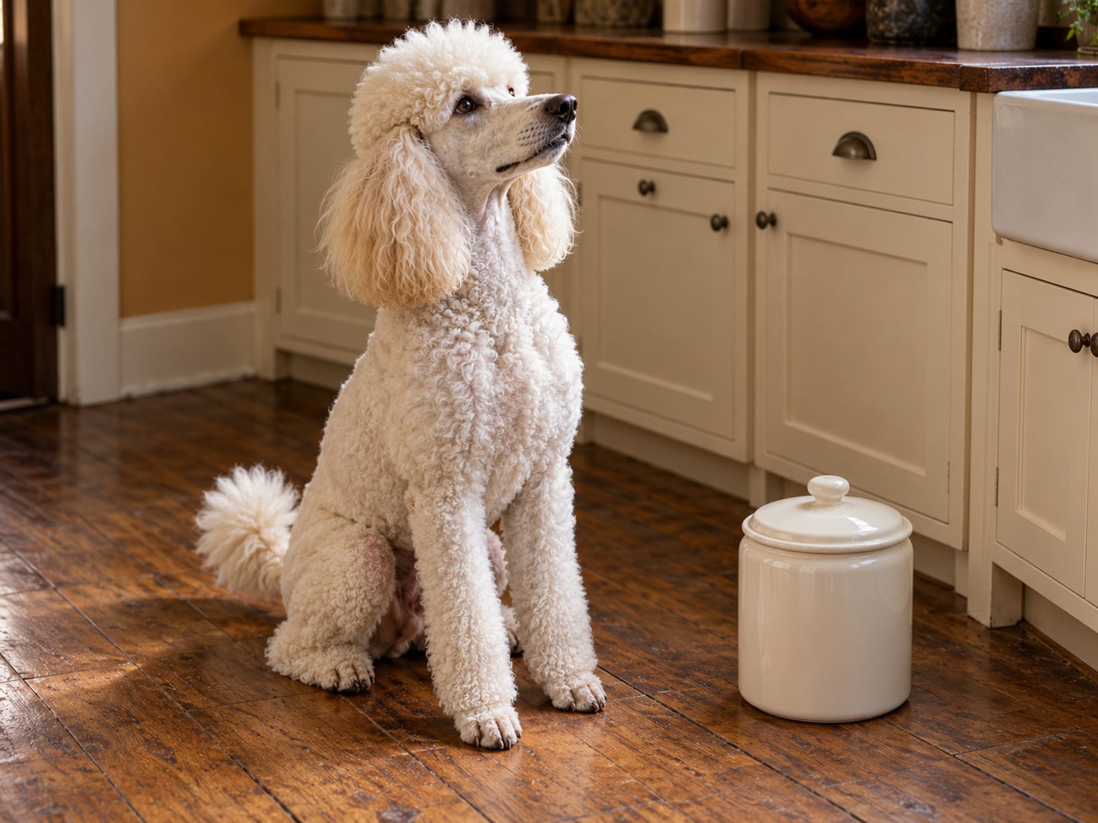 Caniche estándar blanco con corte de cordero sentado en el piso de una cocina junto a un frasco cerrado de premios, mirando hacia arriba
