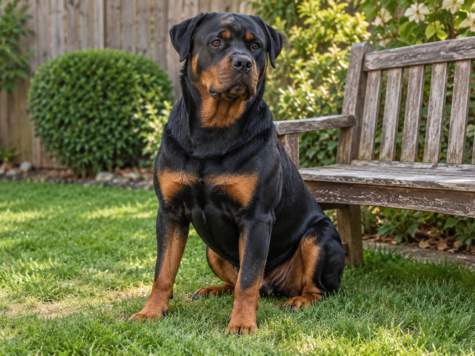 Rottweiler negro y fuego sentado erguido junto a un banco de jardín en un patio cercado
