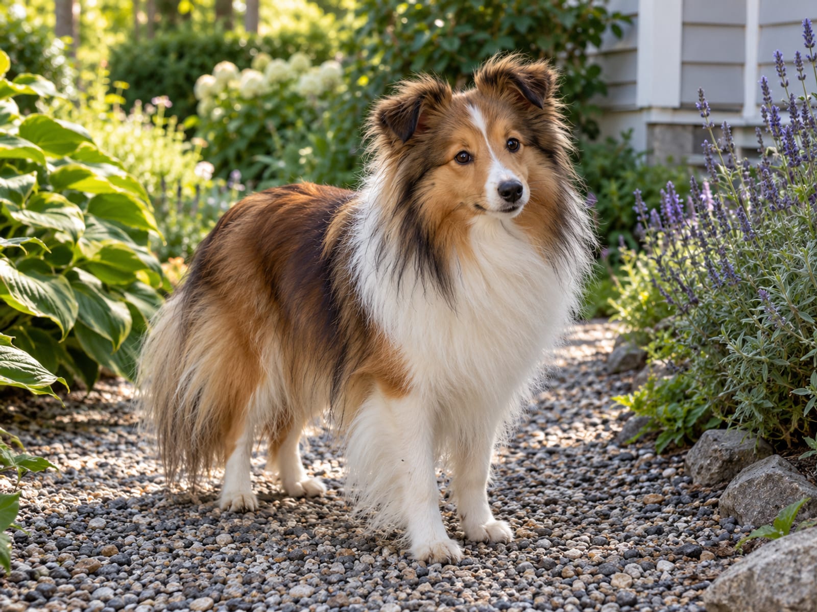 Shetland Sheepdog sable y blanco con melena abundante, de pie y alerta en un sendero de jardín