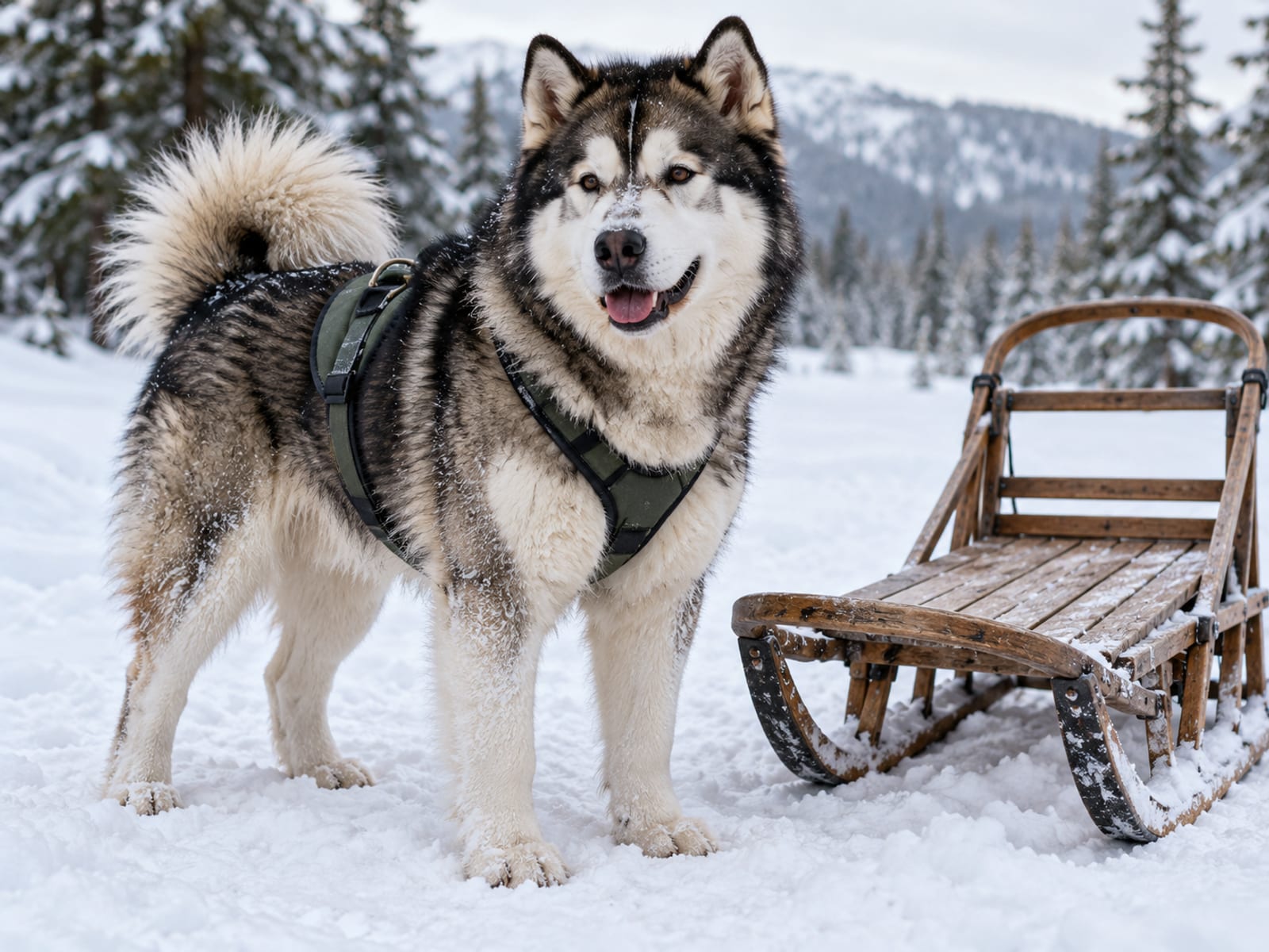 Malamute de Alaska color foca y blanco, con un arnés acolchado y sencillo, de pie en la nieve junto a un trineo de madera vacío