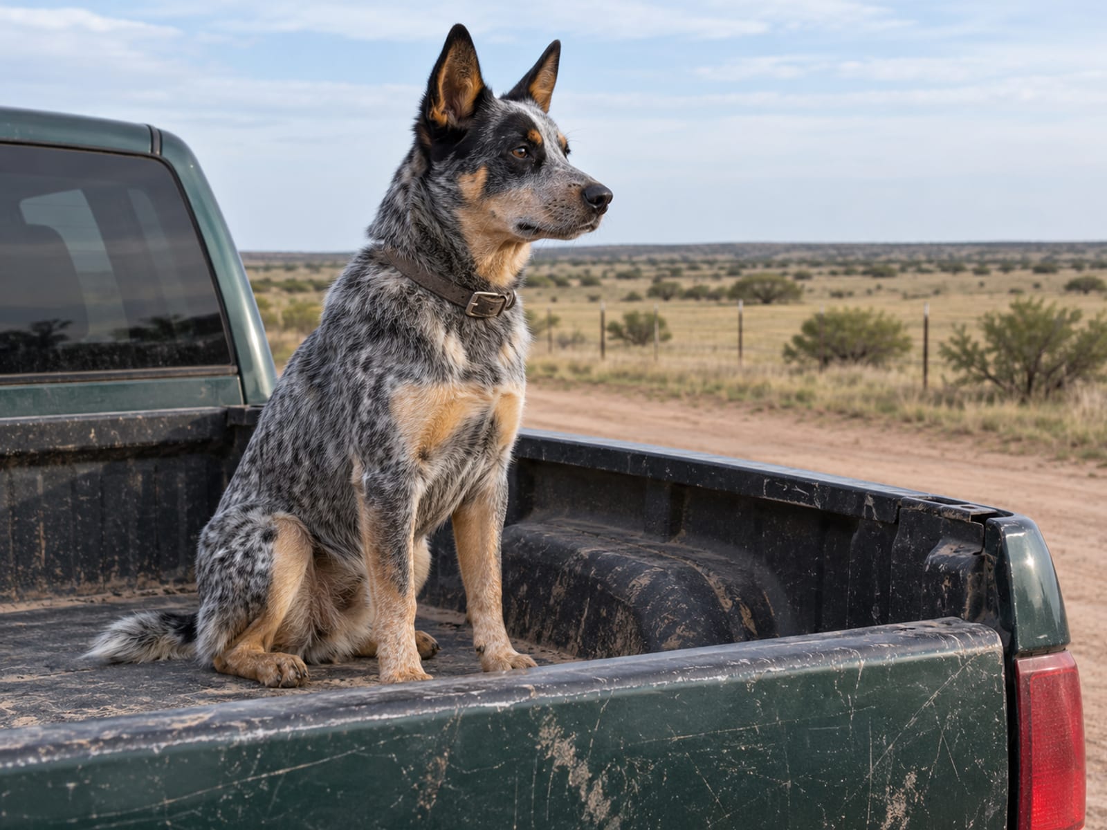 Australian Cattle Dog moteado de azul sentado en la caja abierta de una camioneta de rancho estacionada, con las llanuras de Texas detrás