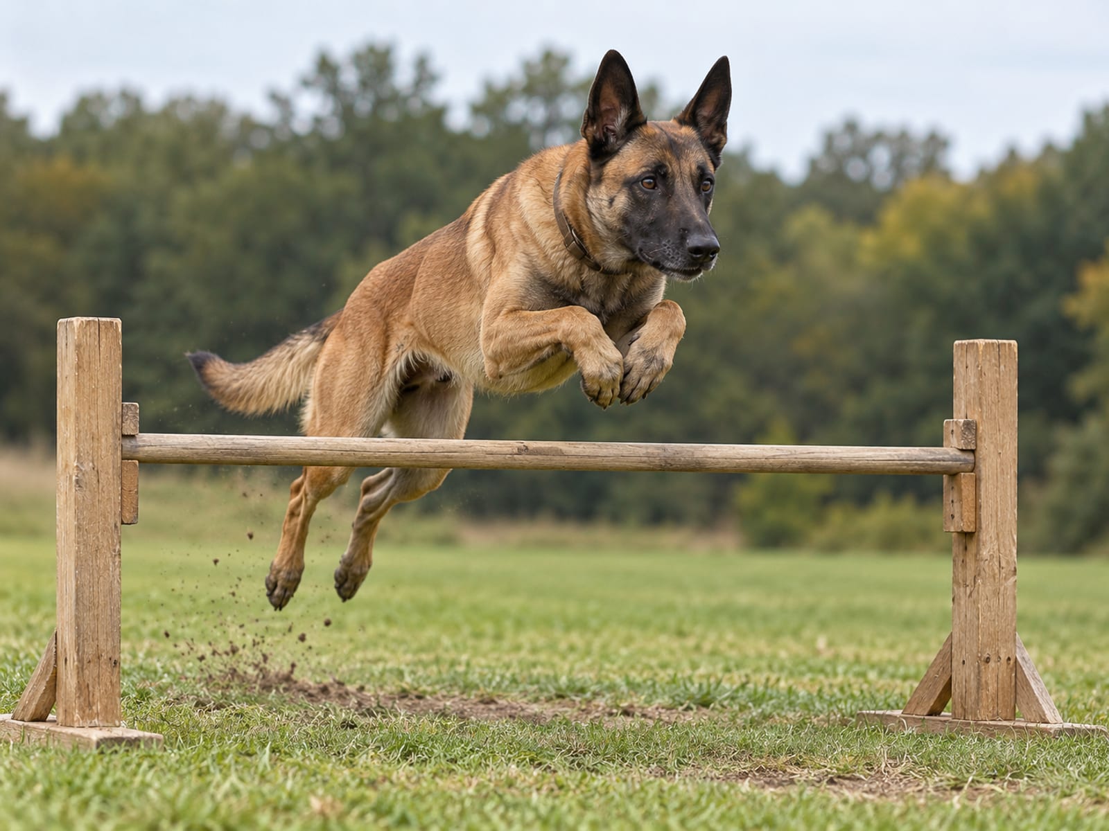 Pastor belga malinois color cervato con máscara negra, saltando un obstáculo de agilidad bajo de madera en un campo de entrenamiento con pasto