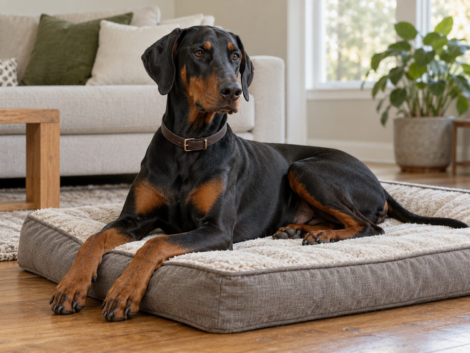Dóberman negro y óxido, con orejas naturales, echado sobre una cama para perros en una sala moderna y luminosa, con la cabeza en alto