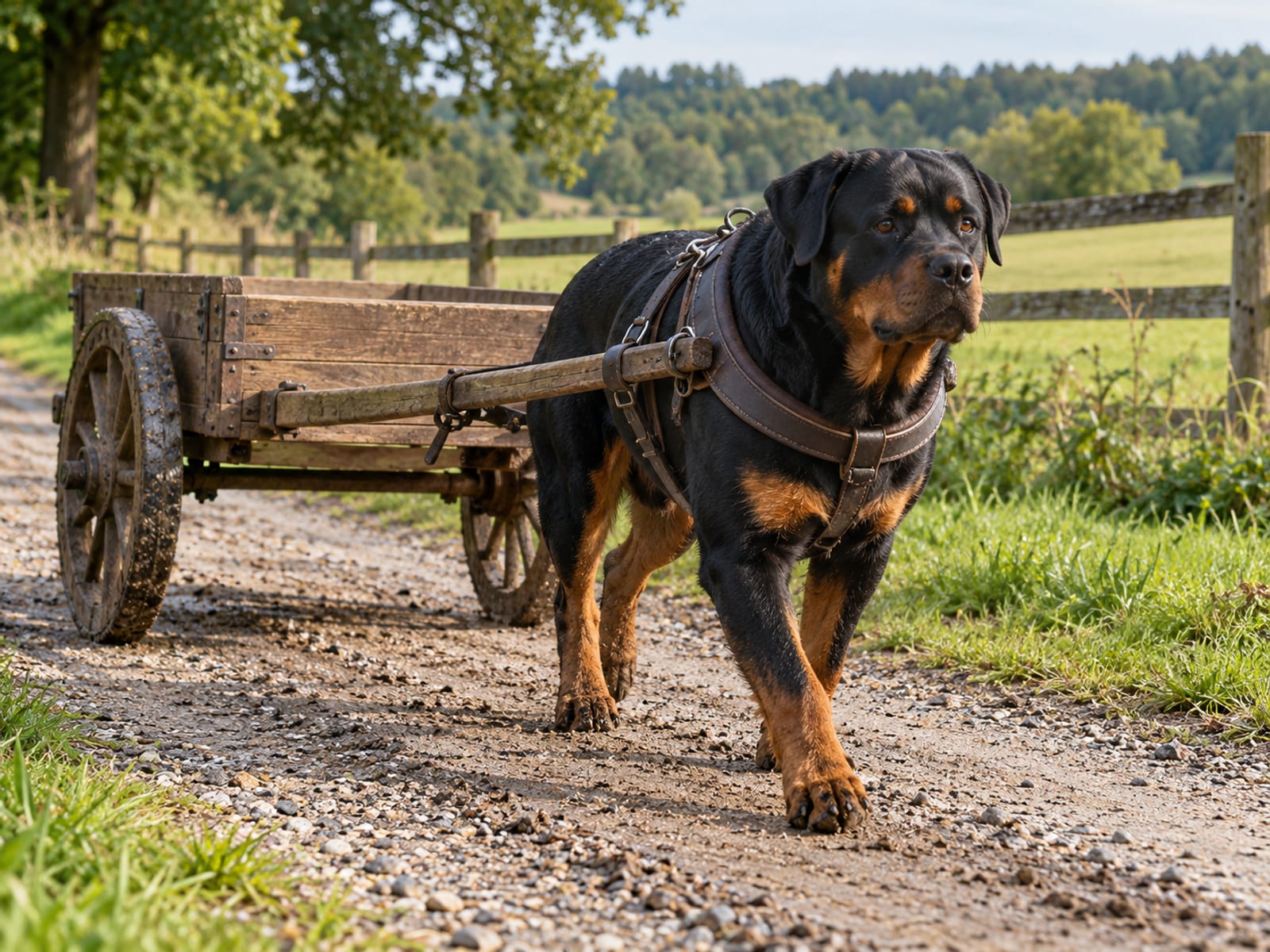 Rottweiler negro y fuego con arnés, jalando un carrito de madera pequeño y vacío por un camino de granja