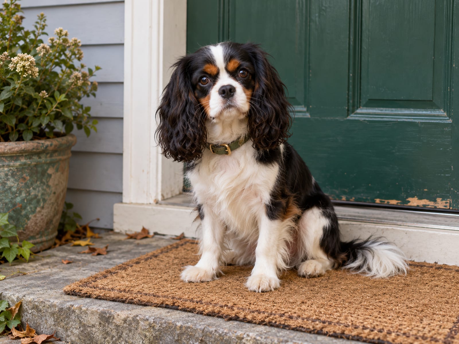 Cavalier King Charles spaniel tricolor sentado sobre un felpudo en la puerta principal de una casa pequeña