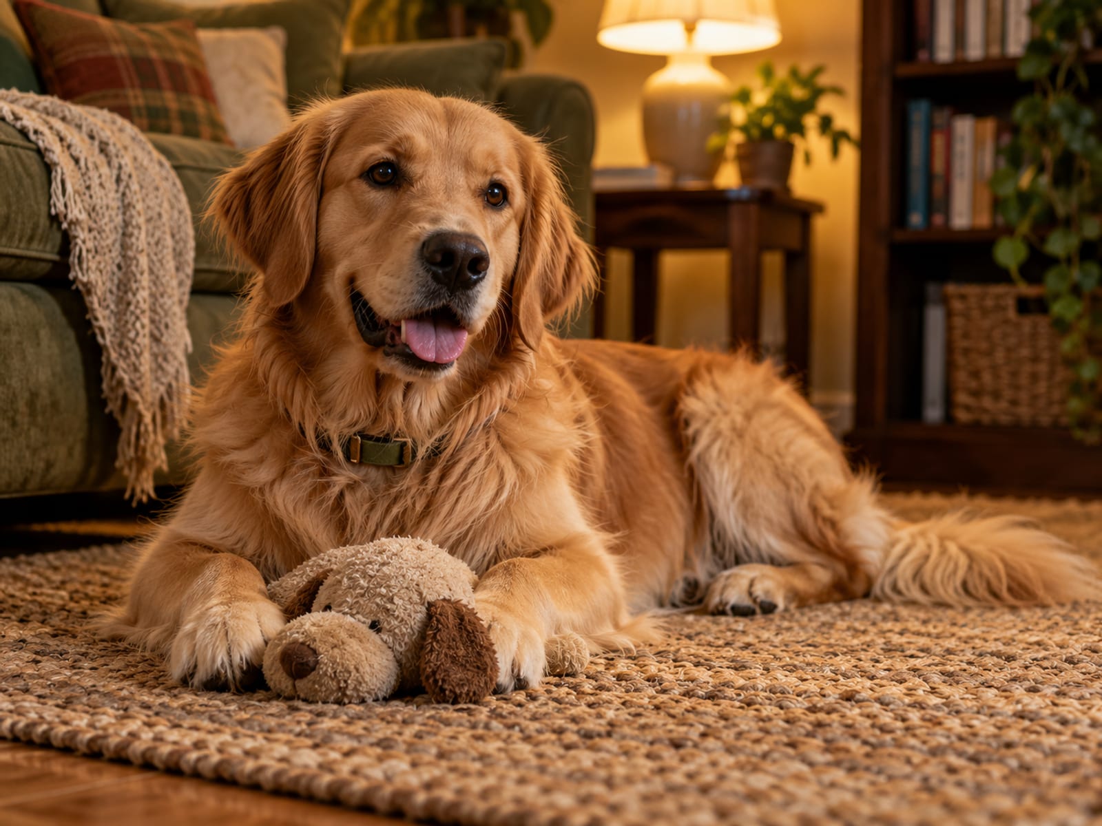 Golden retriever joven acostado en una alfombra de la sala, con un juguete de peluche entre las patas delanteras, bajo la luz cálida de una lámpara