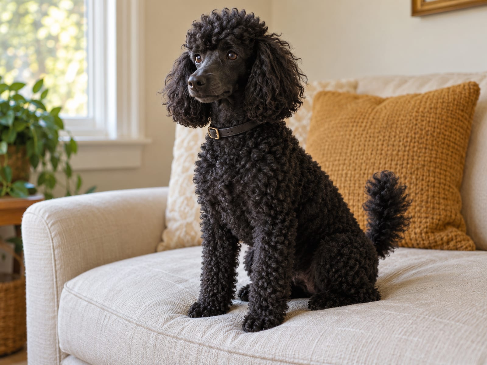 Caniche miniatura negro con un corte natural prolijo, sentado erguido sobre el cojín de un sofá, alerta