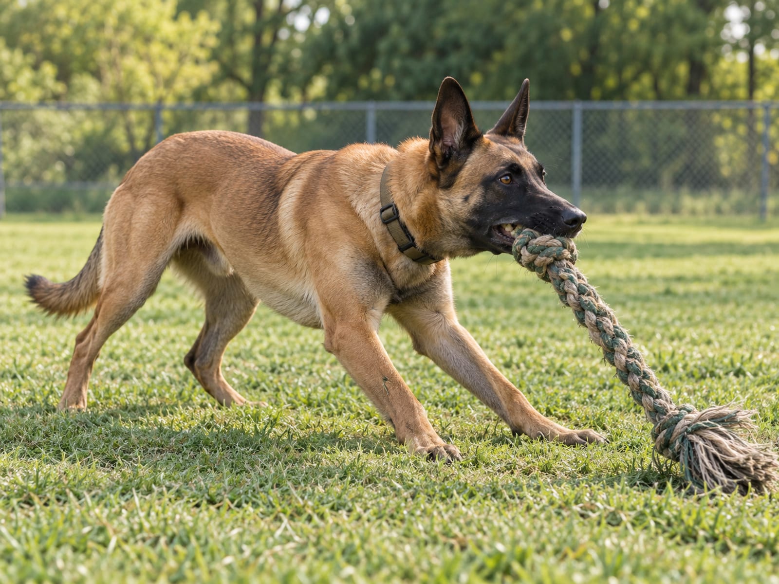 Pastor belga malinois leonado con máscara negra sujetando un juguete de tira y afloja sobre un campo de hierba