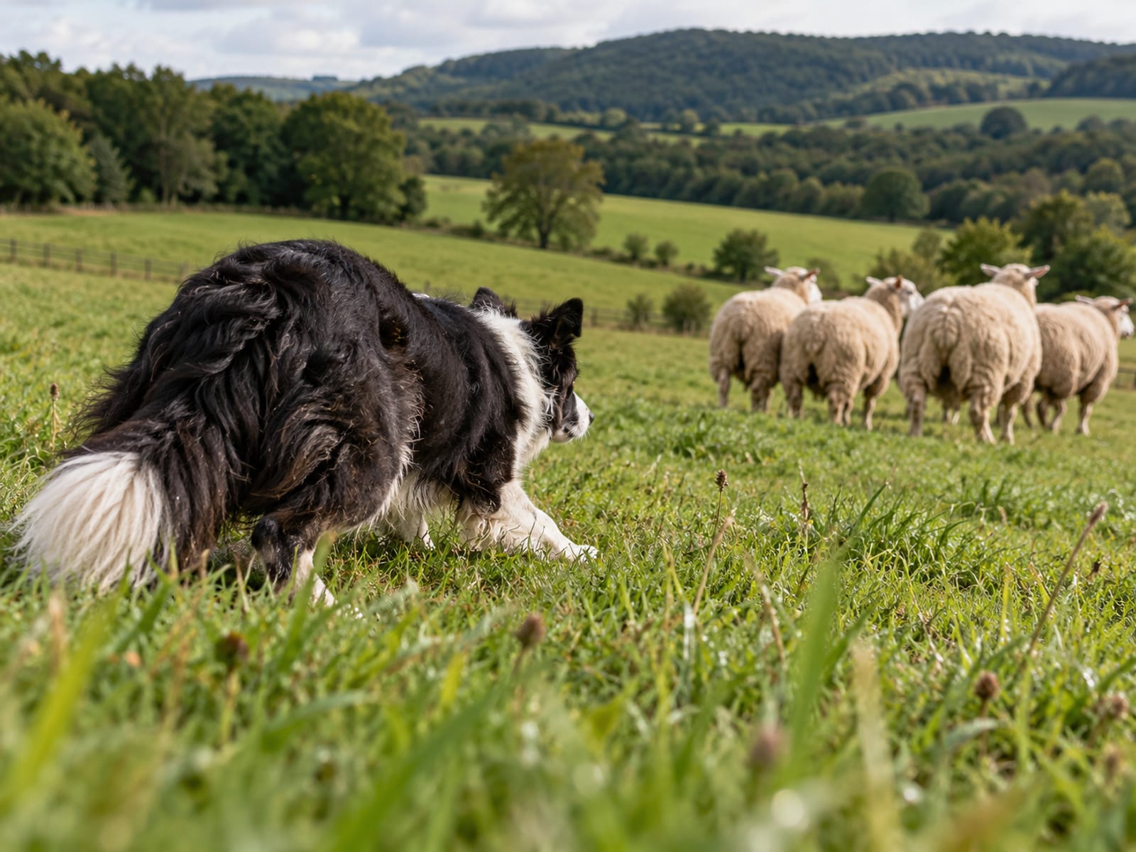 Border Collie blanco y negro agachado con el cuerpo bajo, frente a un pequeño grupo de ovejas en un pastizal verde