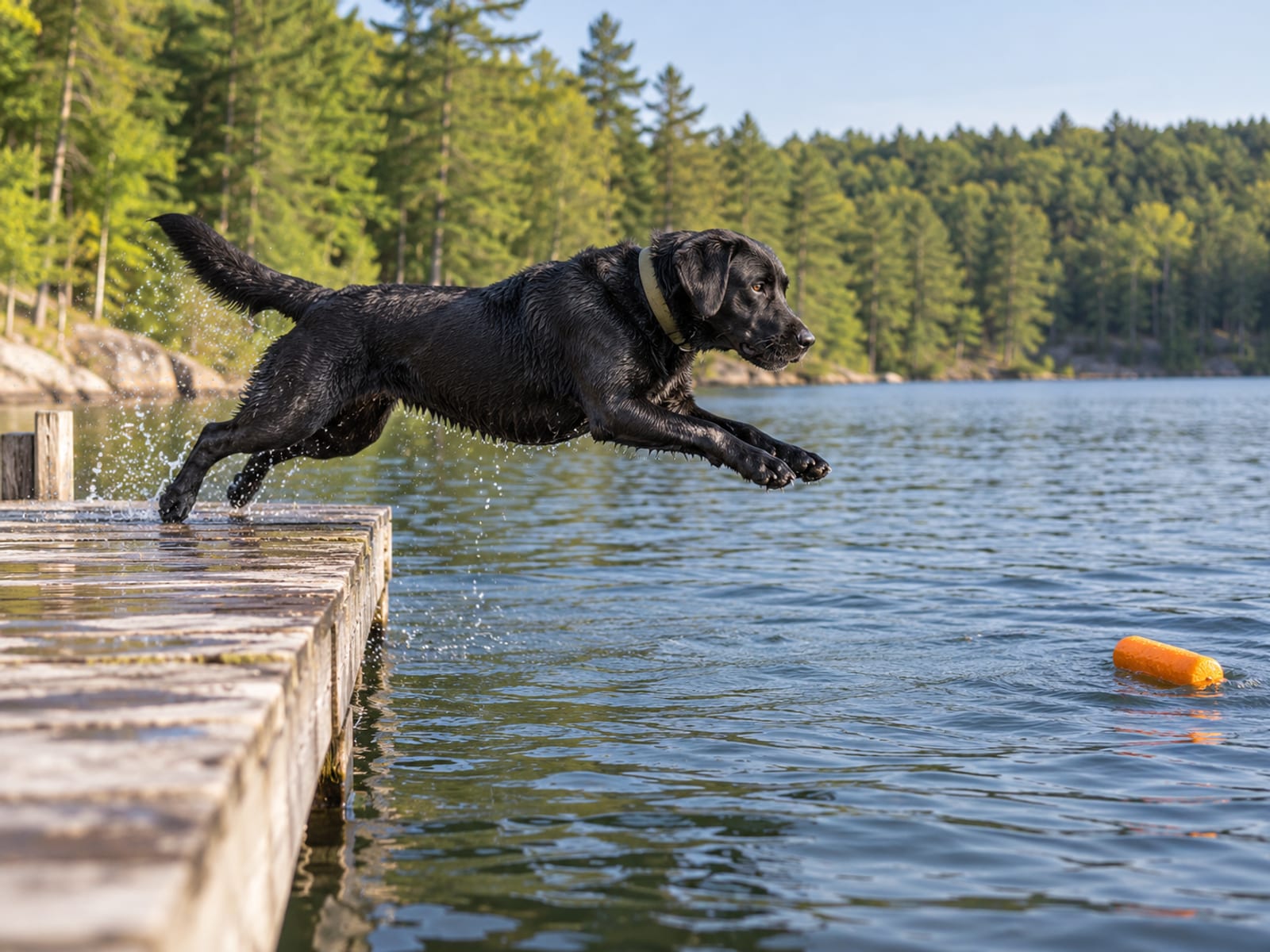Labrador retriever negro saltando en el aire desde un muelle de madera hacia un juguete flotante en un lago