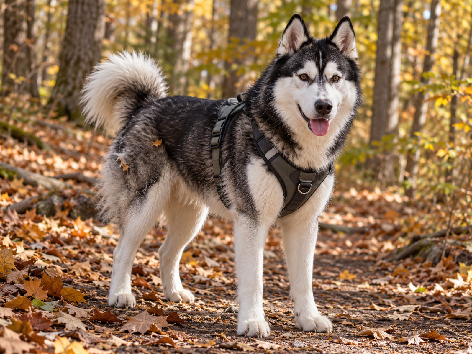 Husky siberiano blanco y negro con arnés acolchado para correr, de pie sobre un sendero seco de otoño
