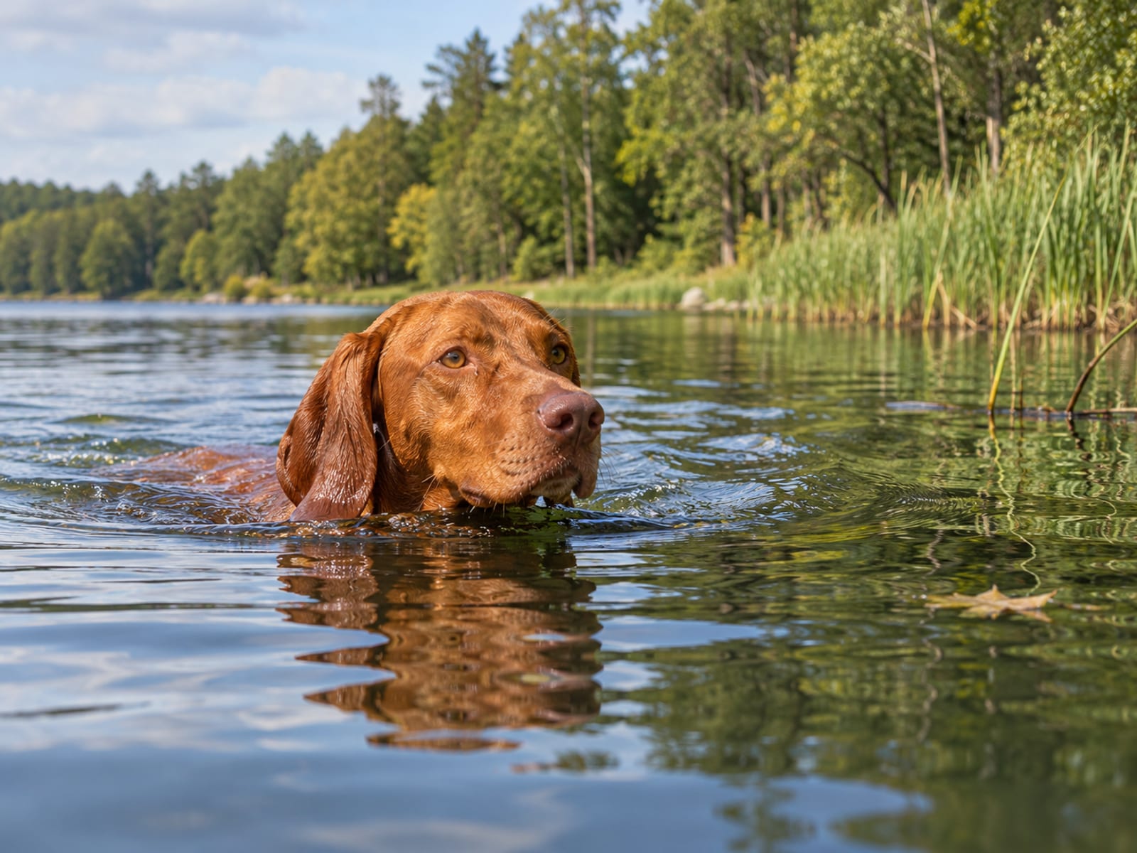 Braco húngaro (vizsla) color dorado rojizo nadando en un estanque tranquilo, con solo la cabeza fuera del agua