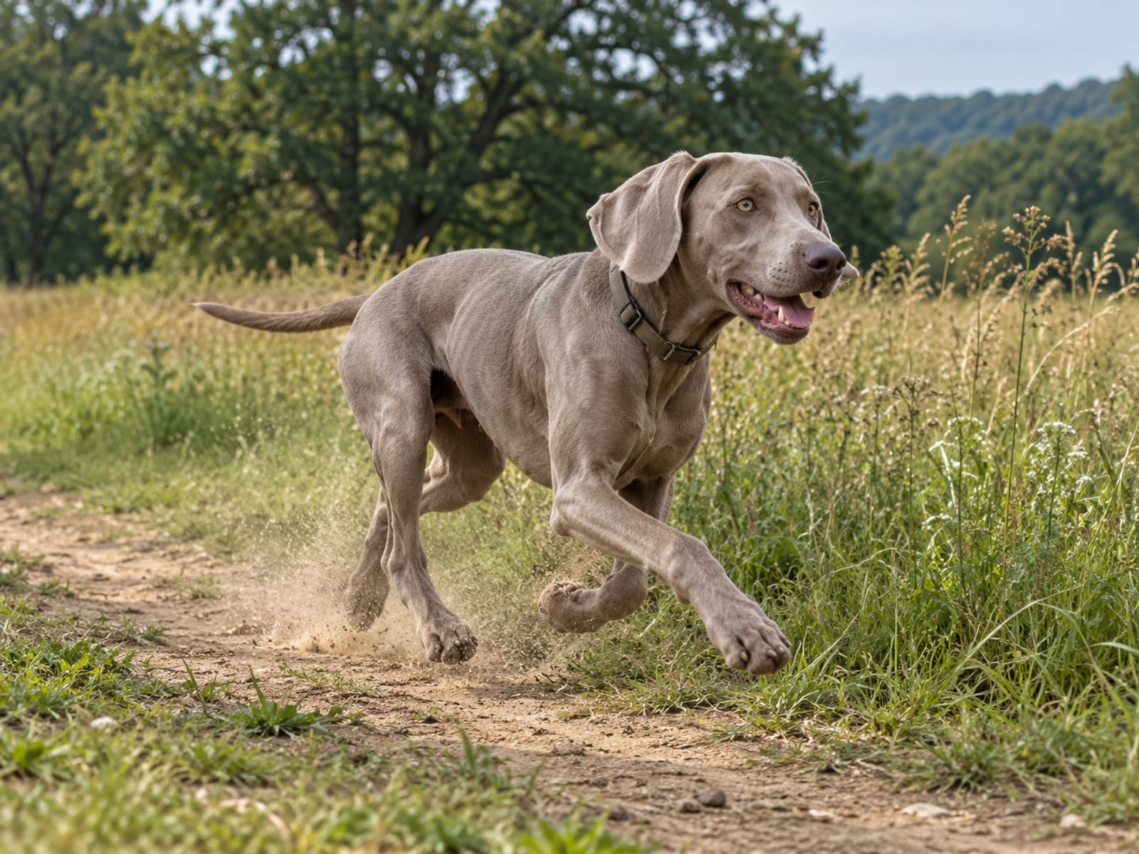 Braco de Weimar gris plateado con ojos ámbar claros que corre por el borde de un campo