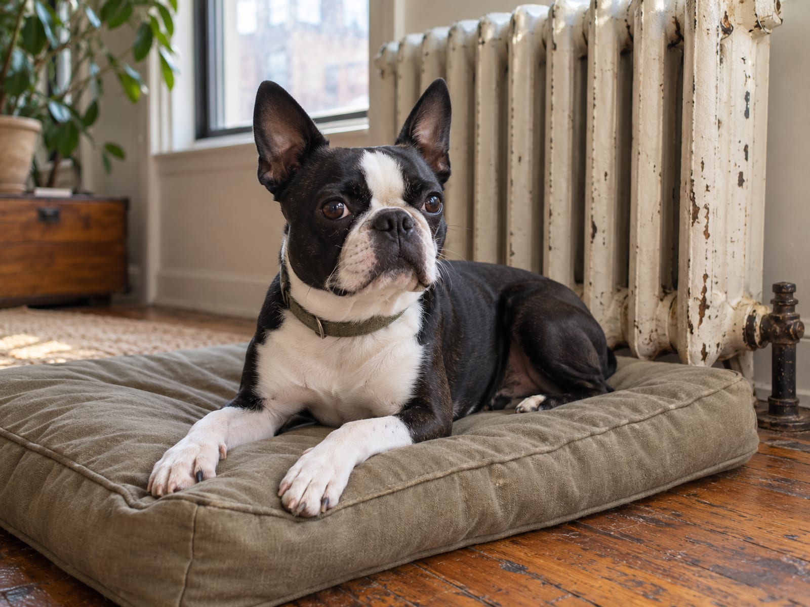 Boston terrier blanco y negro descansando alerta sobre un cojín cerca de un radiador en un apartamento de la ciudad