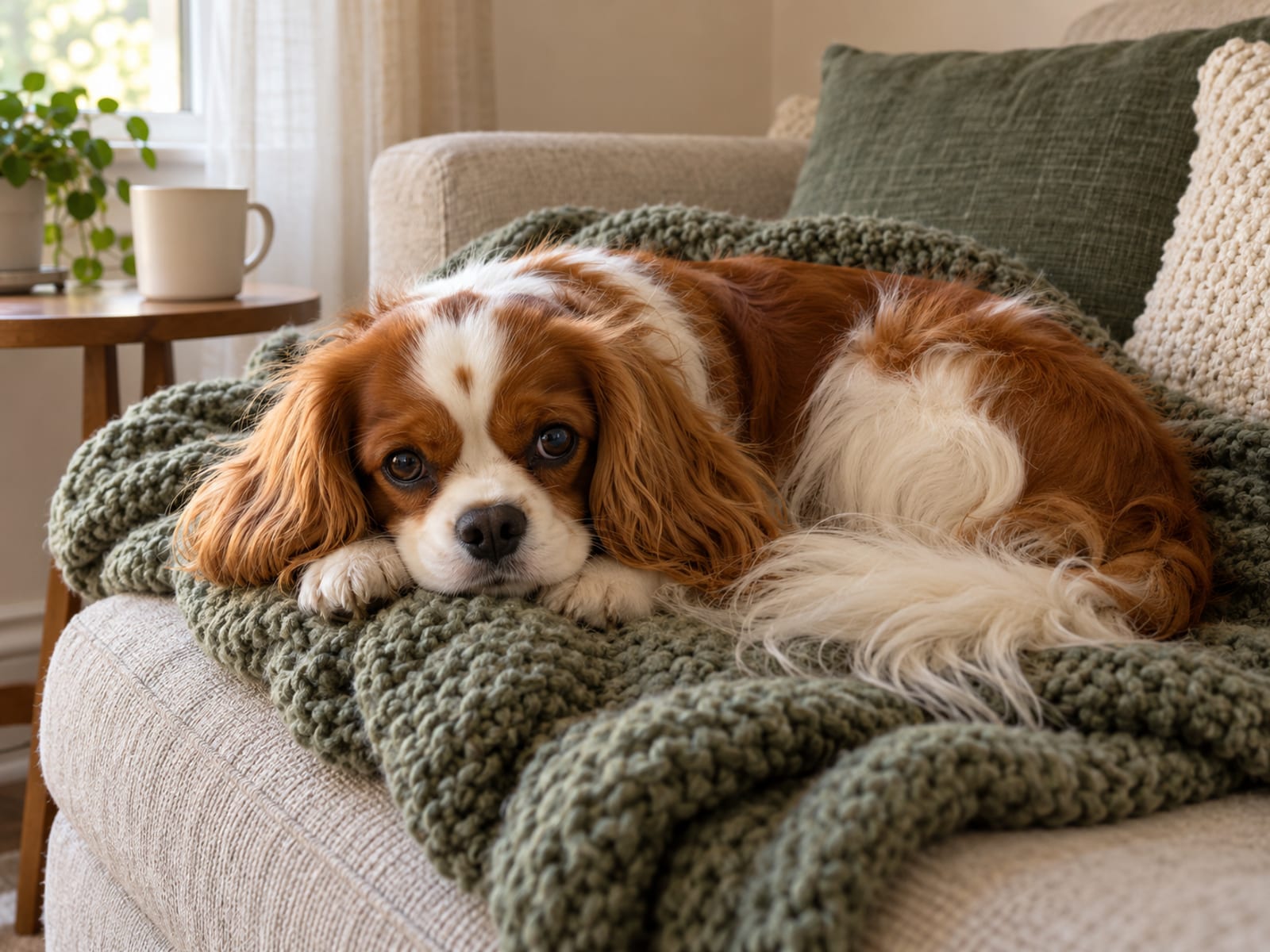 Blenheim Cavalier King Charles spaniel acurrucado sobre la manta de un sofá en un apartamento pequeño iluminado por la luz de la ventana