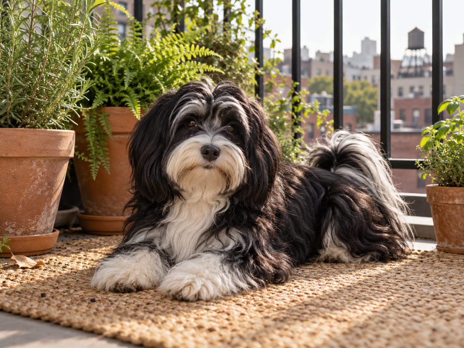 Havanese blanco y negro acostado sobre una alfombrilla en un balcón, entre macetas, con los techos de la ciudad detrás