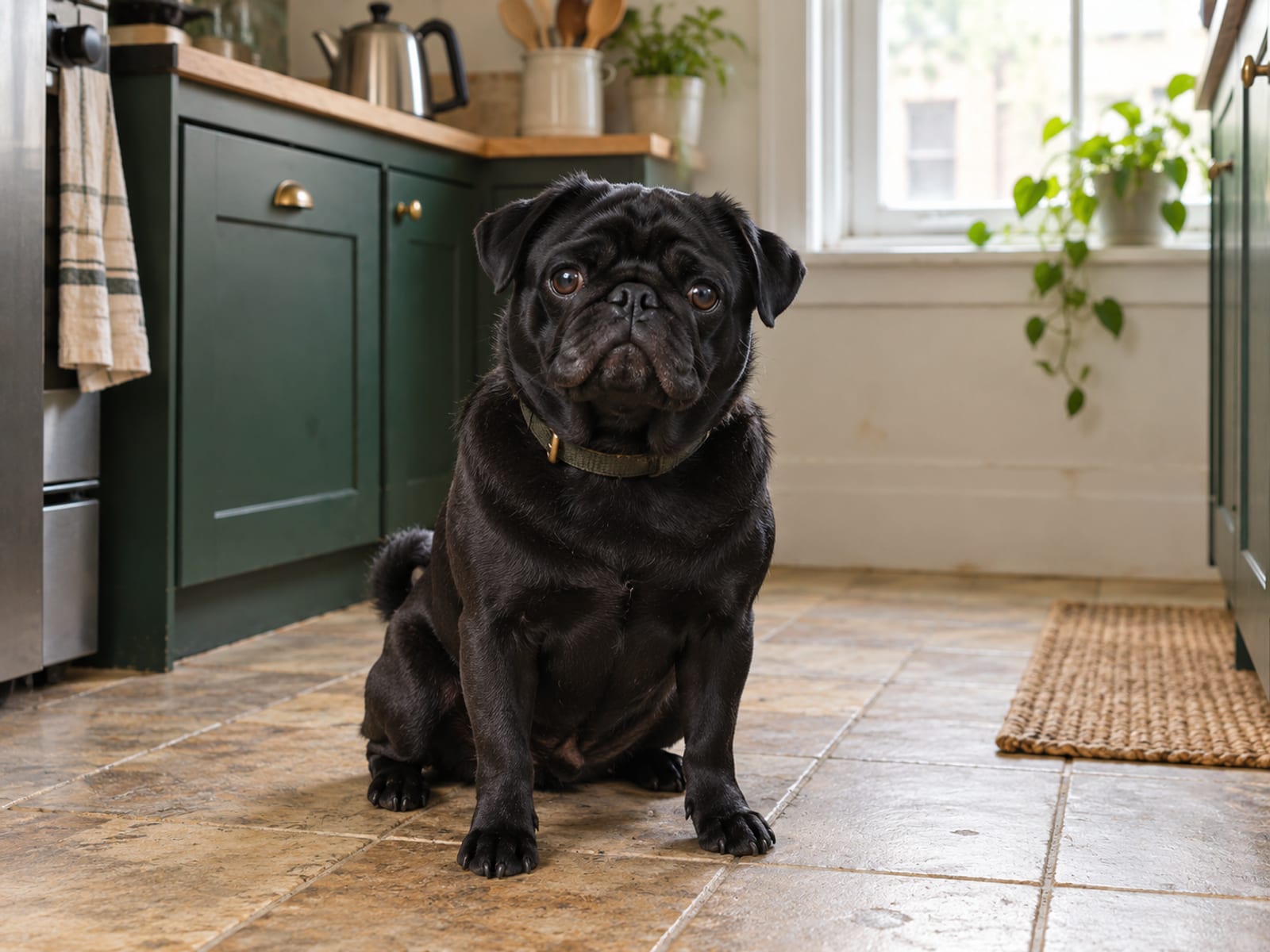 Pug negro sentado en el piso de la cocina de un apartamento pequeño, con la cola enroscada sobre el lomo