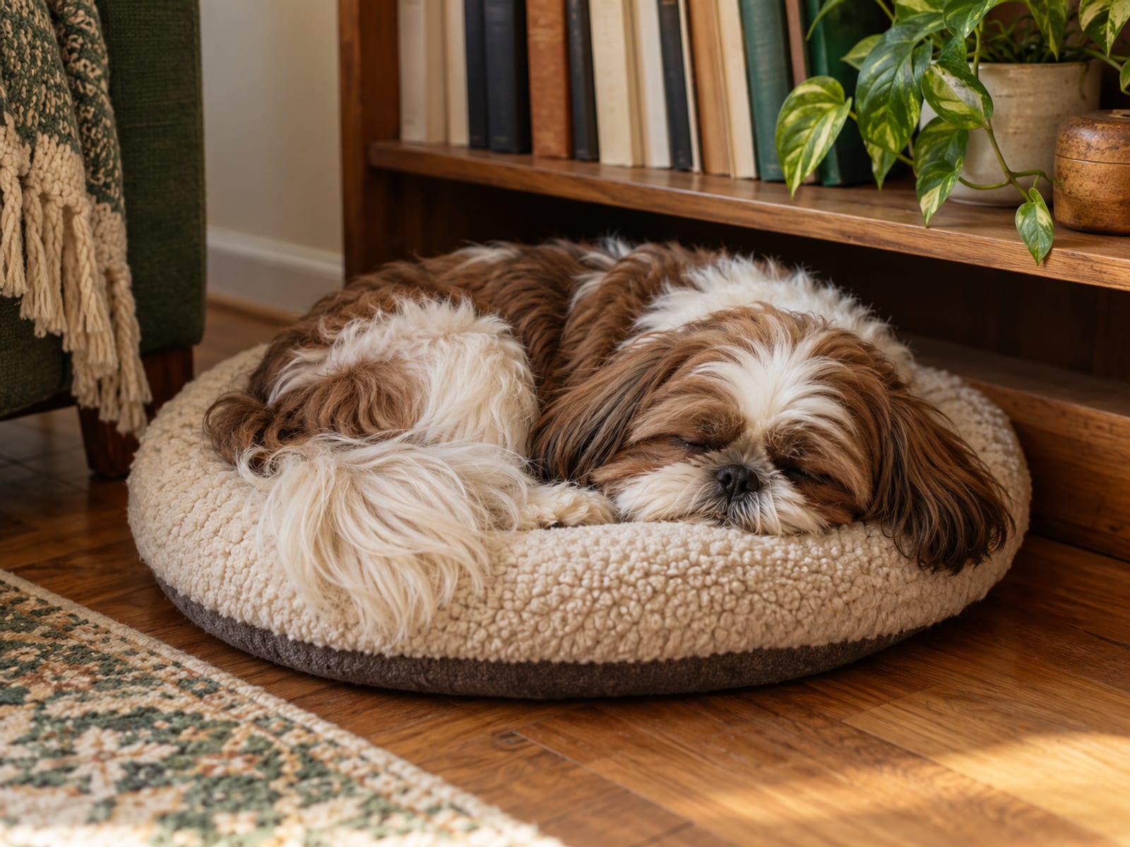 Shih Tzu hígado y blanco durmiendo una siesta en una cama pequeña para perros, junto a una estantería de libros, en un apartamento acogedor