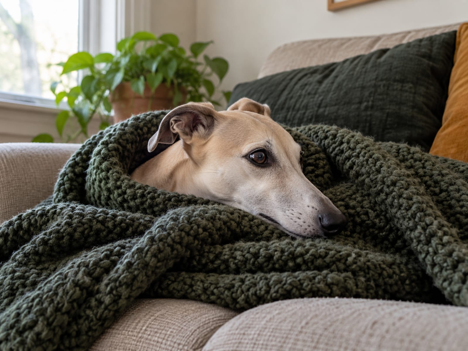 Whippet leonado enroscado bajo una manta en un sofá pequeño de dos plazas dentro de un apartamento, con solo la cabeza asomando