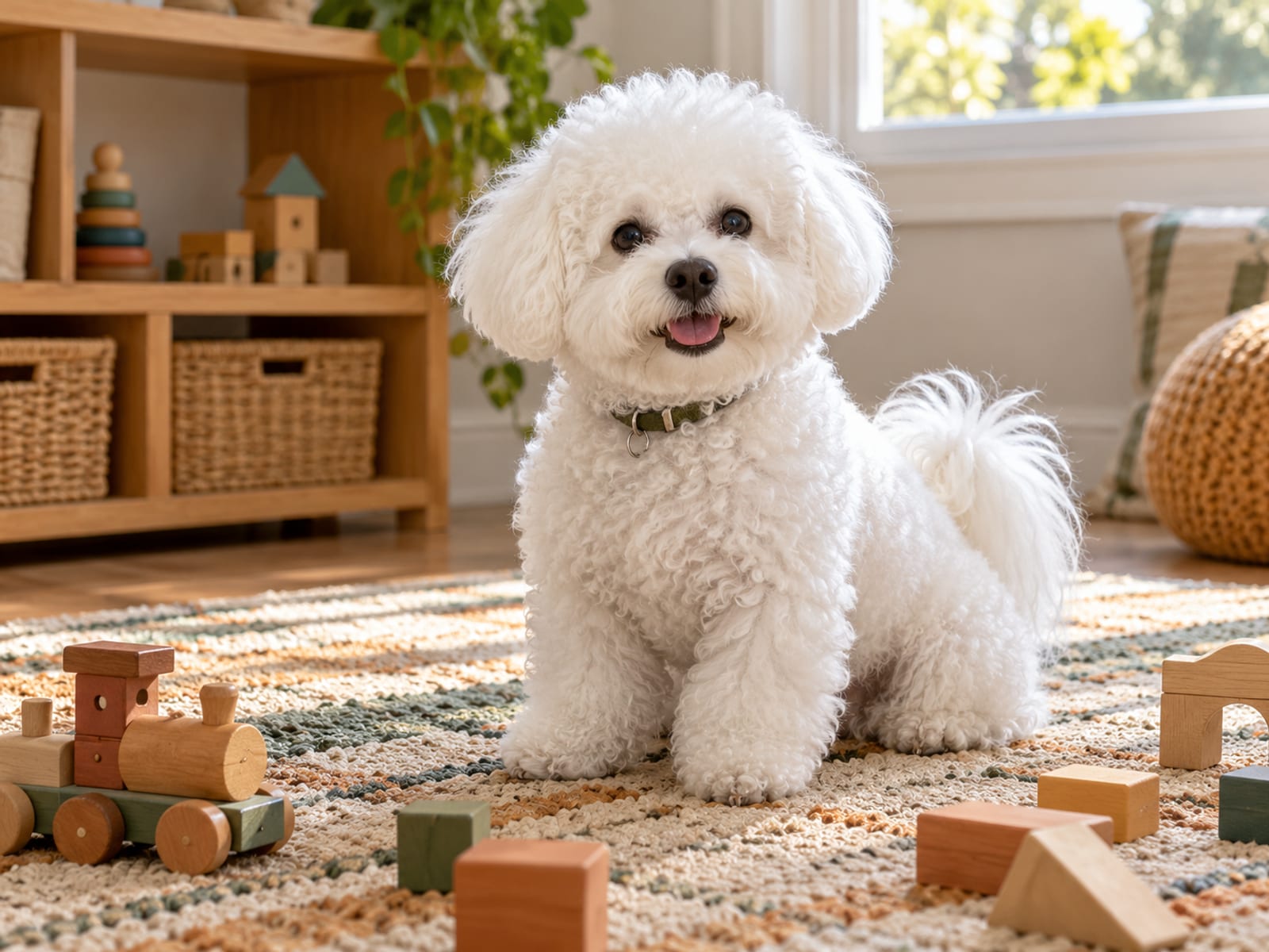 Bichón Frisé blanco sentado sobre una alfombra de sala de juegos, entre algunos juguetes sencillos de madera, con luz diurna intensa