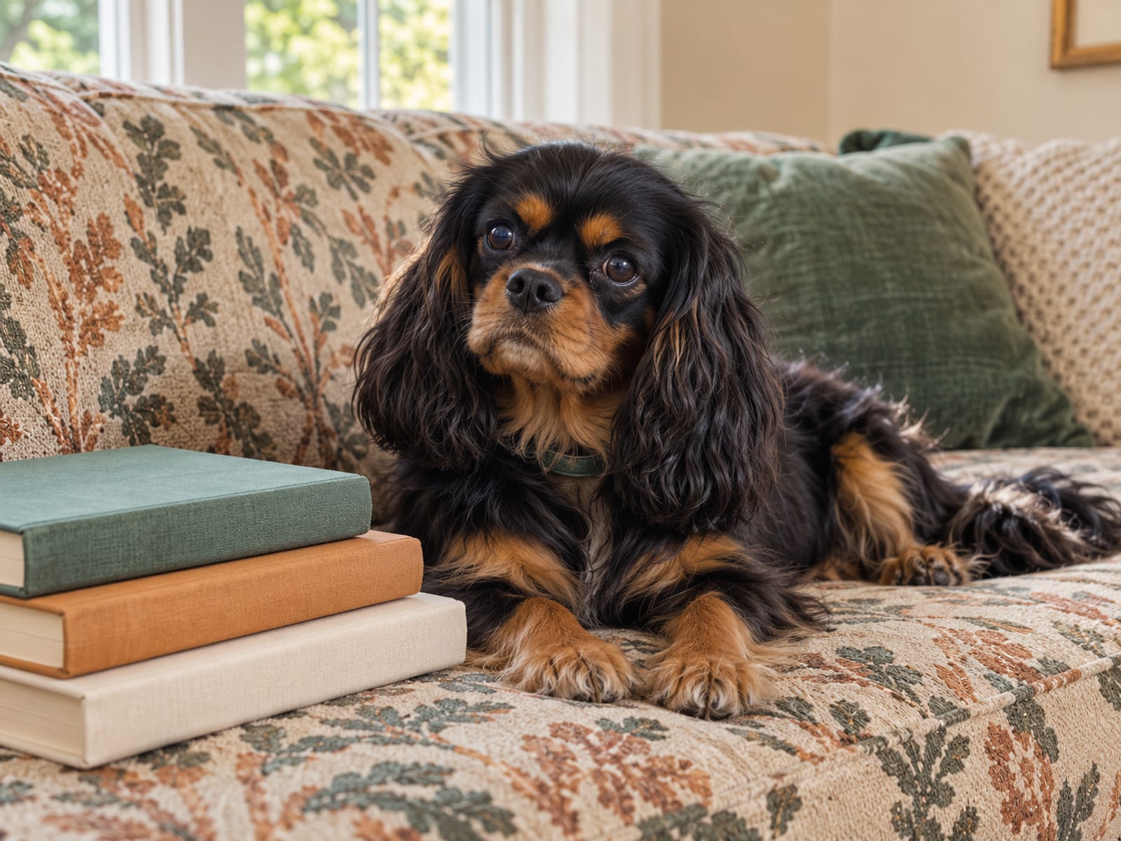 Cavalier King Charles spaniel negro y fuego acostado en un sofá familiar, junto a una pila de libros ilustrados con portadas sencillas