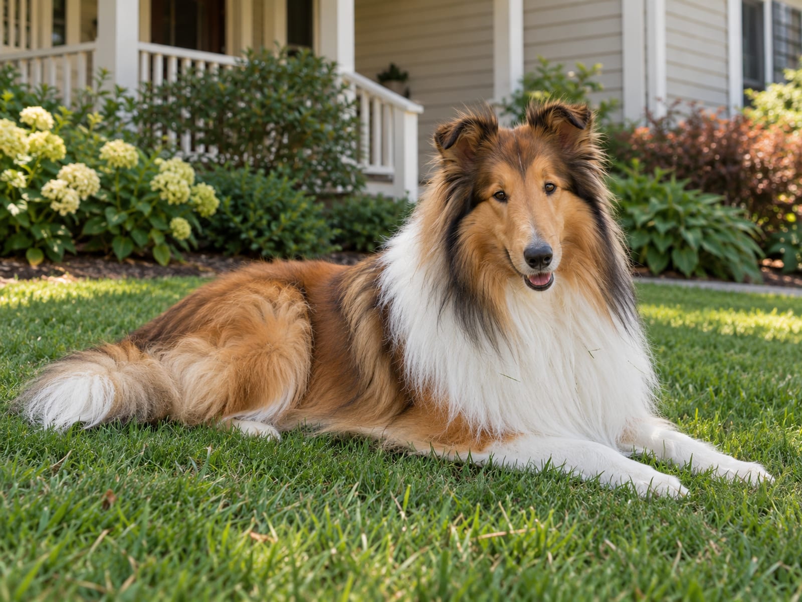 Collie de pelo largo sable y blanco, con una melena abundante, acostado sobre el césped del frente de una casa familiar, con expresión amable