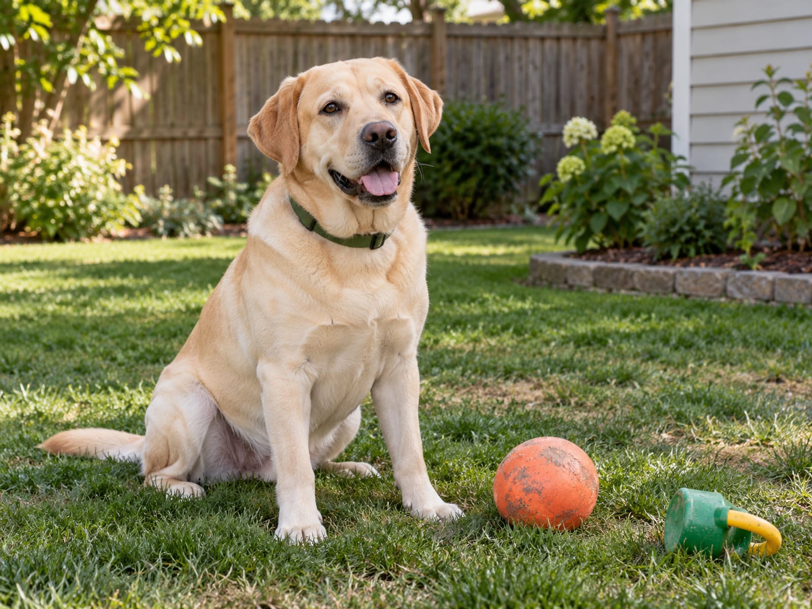 Labrador retriever amarillo sentado en el césped de un patio trasero, junto a una pelota de niño y un juguete de jardín, tranquilo y amigable