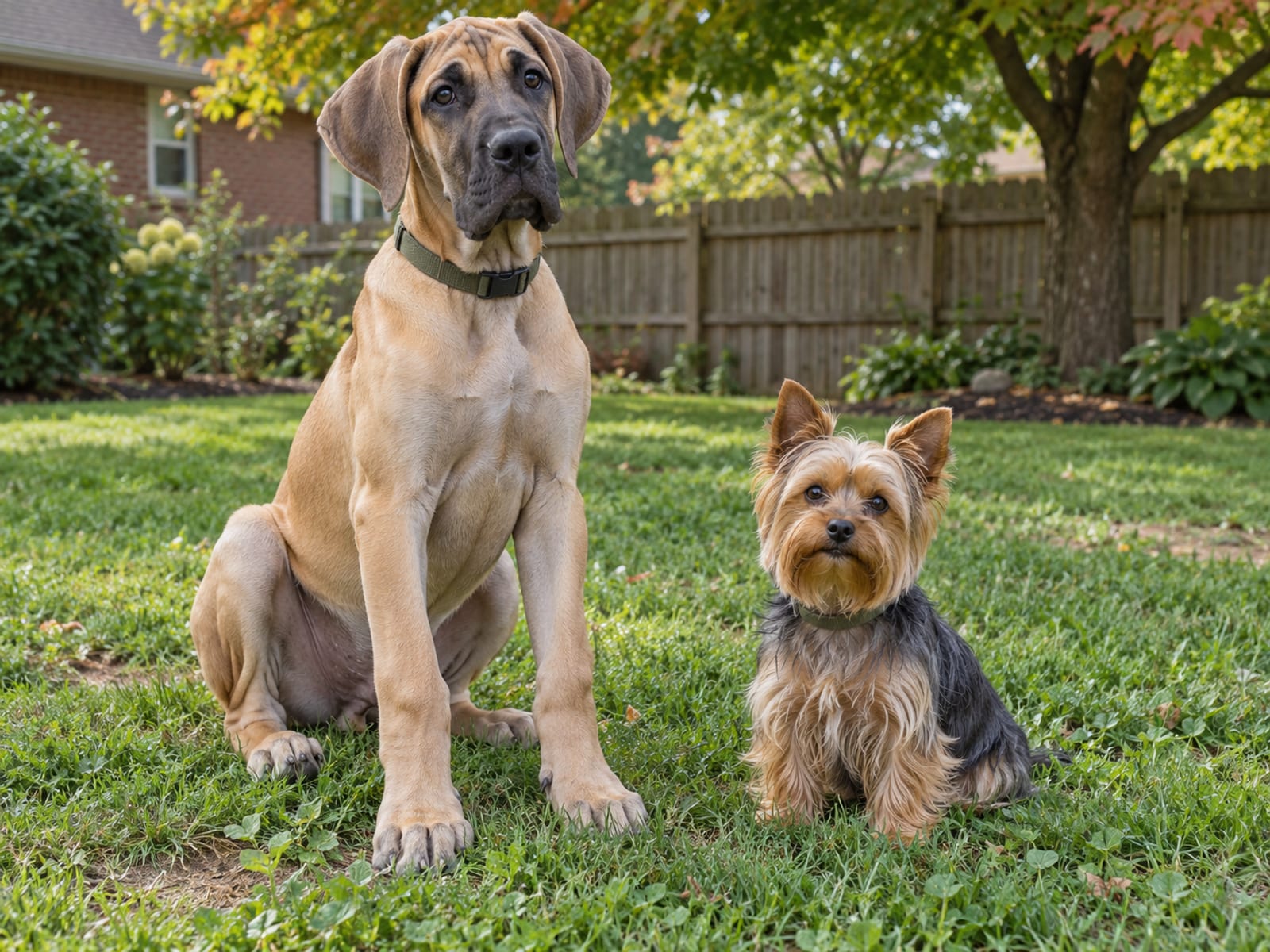 Un cachorro de Gran Danés y un Yorkshire terrier pequeño sentados uno junto al otro sobre un césped verde