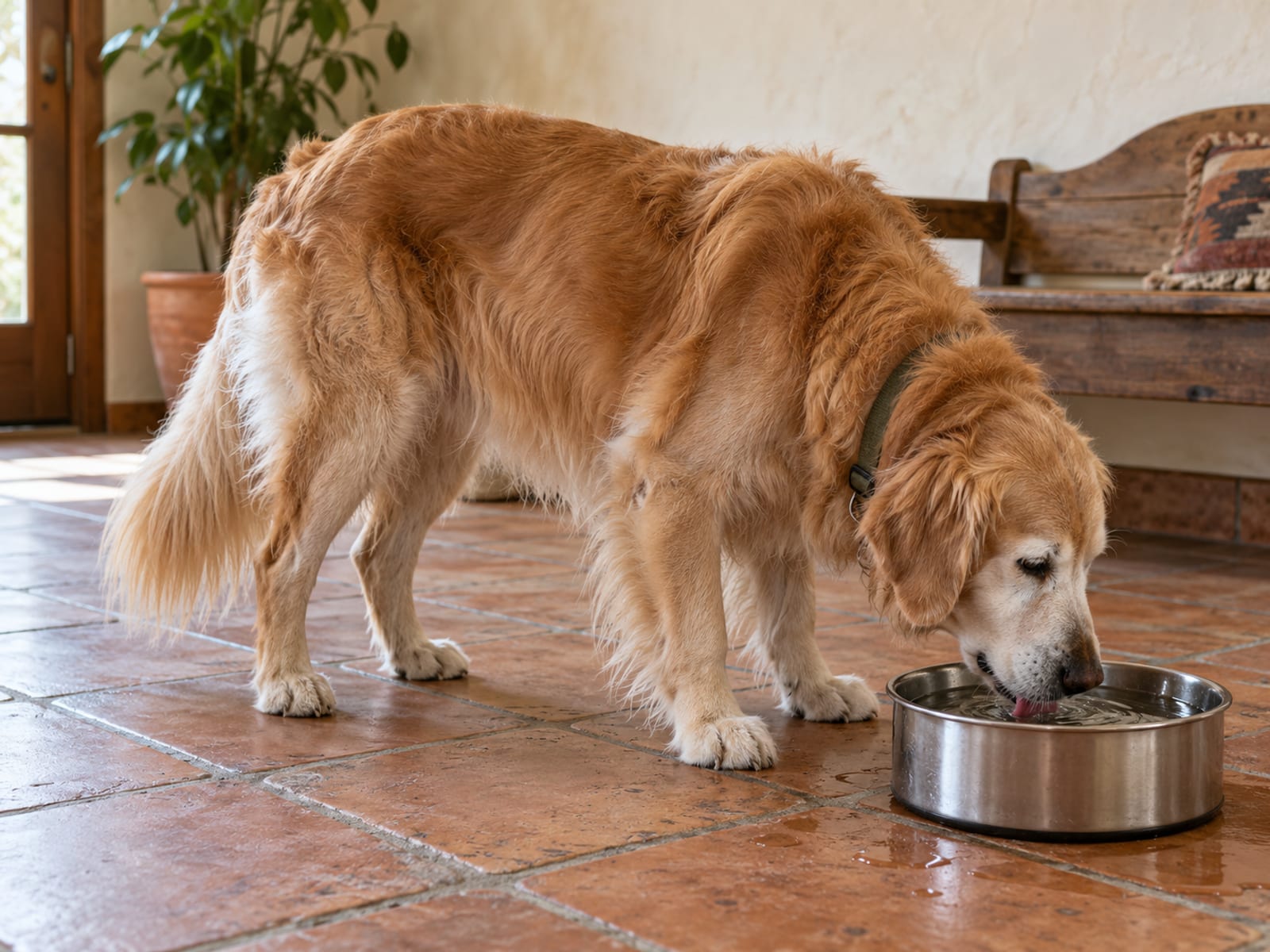 Golden retriever mayor con el hocico canoso bebiendo agua de un cuenco sobre un piso de baldosas